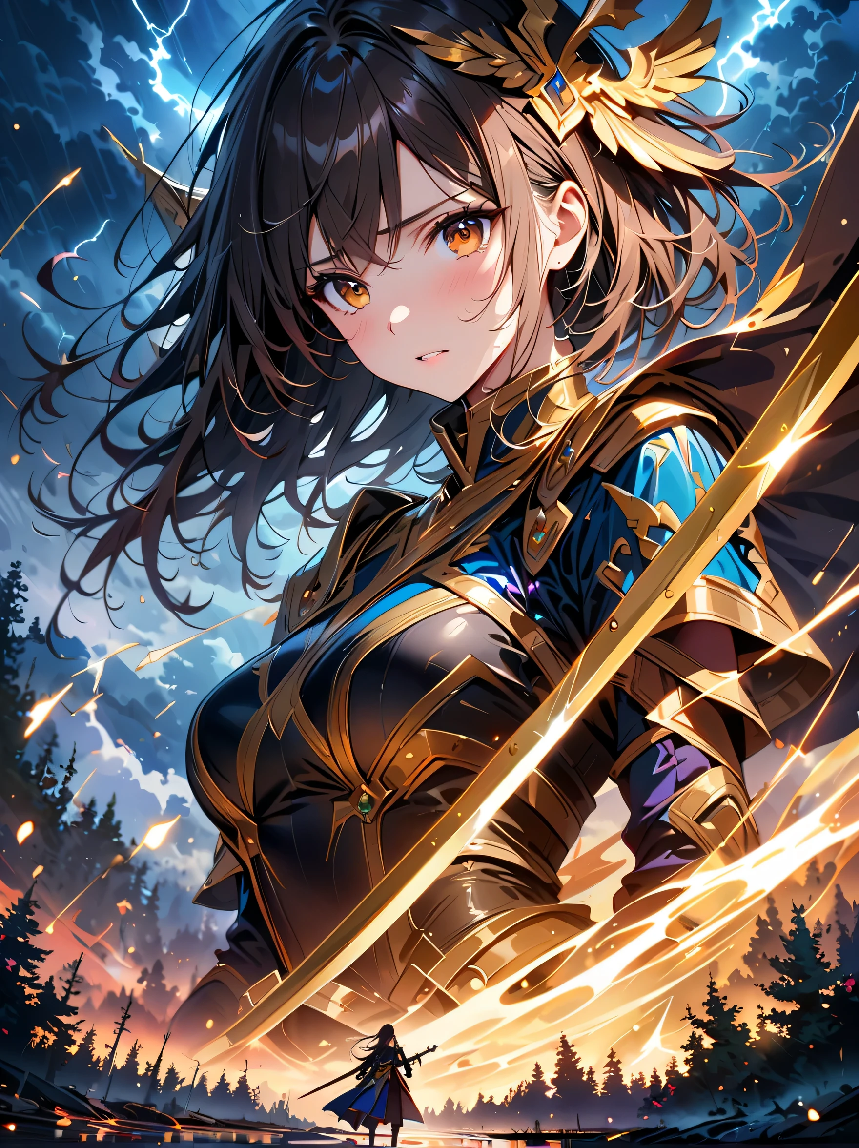 Fantasy, forest landscape photo, Swedish beauty, skin moist and shiny, (18-year-old female swordsman in a glittering battle uniform, with glittering golden decorations and a long sword that shines), (path, night, thunderstorm, terrible) cloudy, rainwater: 1.2), (details: 1.2), light, sad, brown eyes, symmetrical features, delicate hands, exquisite fingers, glittering battle uniforms, (masterpiece: 1.2), (magnificent Composition: 1.4), (Talent: 1.2), Super detailed, Very detailed, Crazy details, (Real photo: 1.2), High resolution, 8k, Exquisite, Sharp, Grace, Dreamy bright colors, high quality,