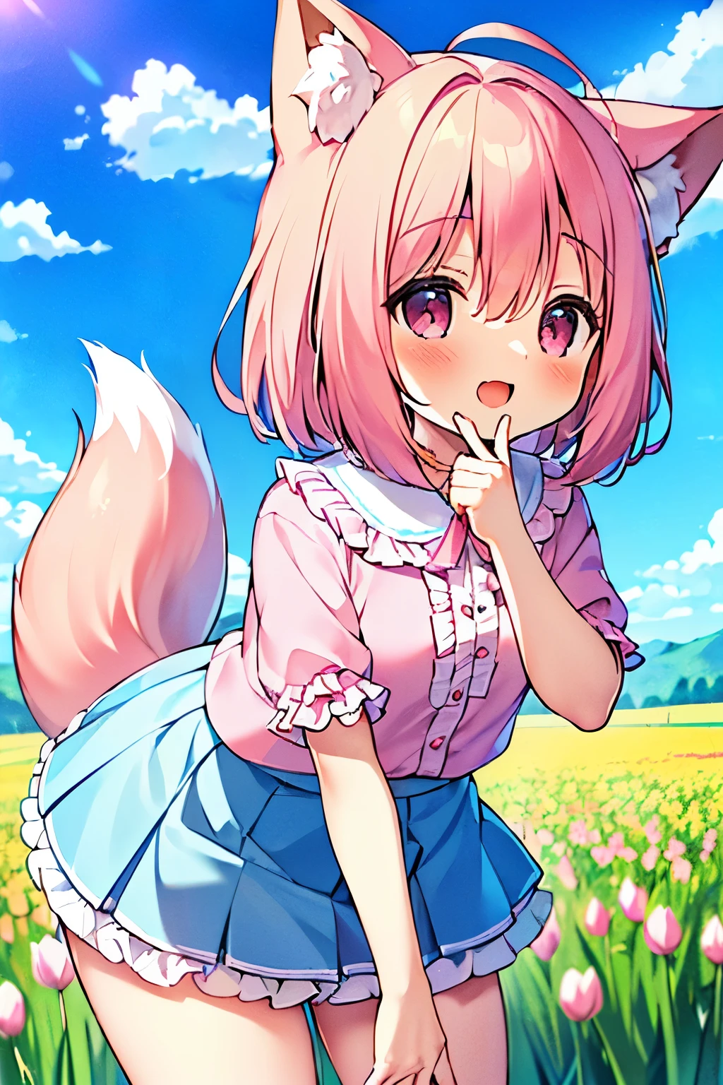 (((masterpiece))), (((最high quality))), (((high quality))), (((beautiful))), (((8K))), (((High resolution)) (((超High resolution))), (((High resolution))), (((Transcendent Technique Illustration))), (Pink Short Hair:1.3), (Pink fox tail:1.4), (Pink fox tail:1.2), Pink fox ears, (Pink Eyes), Small breasts, (Cowboy Shot:1.3), (laughing:1.3), (Tulip flower field), (grassland:1.2), (Super cute pink blouse with frills:1.3), (Blue pleated skirt with frills:1.3), (look up:1.4), (Leaning forward:1.5)