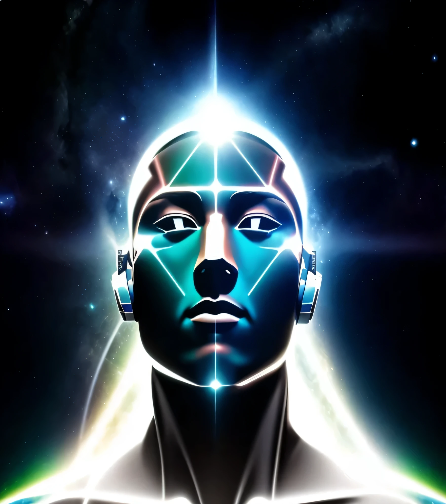 a close up of a person with headphones on and a glowing star in the background, consciousness projection, meditating, enlighted person, symmetry!! , distributed consciousness, , artificial consciousness, , human, astral travel, the rise of consciousness, brainwaves symmetrical 