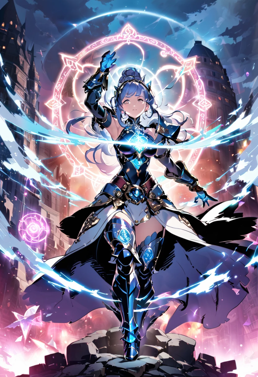 8k_wallpaper, extremely detailed eyes, extremely detailed body, (large masterpiece digital art), (detailed manga illustration), (detailed line art), ((perfect anatomy)), (intricate details:1.3), (ultra-detailed:1.3), (illustration:1.3), (sharp focus:1.3), (natural lighting:1.05), (vivid colors:1.3), (masterpiece), best quality, expressive eyes, perfect face, 1 girl, breasts, gloves, large breasts, {blue hair}, medium hair, wavy hair, (gray eyes), hourglass physique, huge ass, dynamic pose, dynamic lighting, fur trim, hair bun, glowing, crystal, delicate\(armor\), armor, full armor, cuisses, shoulder armor, belt, hand guard, boots, glove, particles stream, creationmagic, ethereal creation, Magic Circle, glowing, crystal, jim lee, beautiful esd_woman, hair bun, fur trim, jewelry, crystal, Magic Circle,