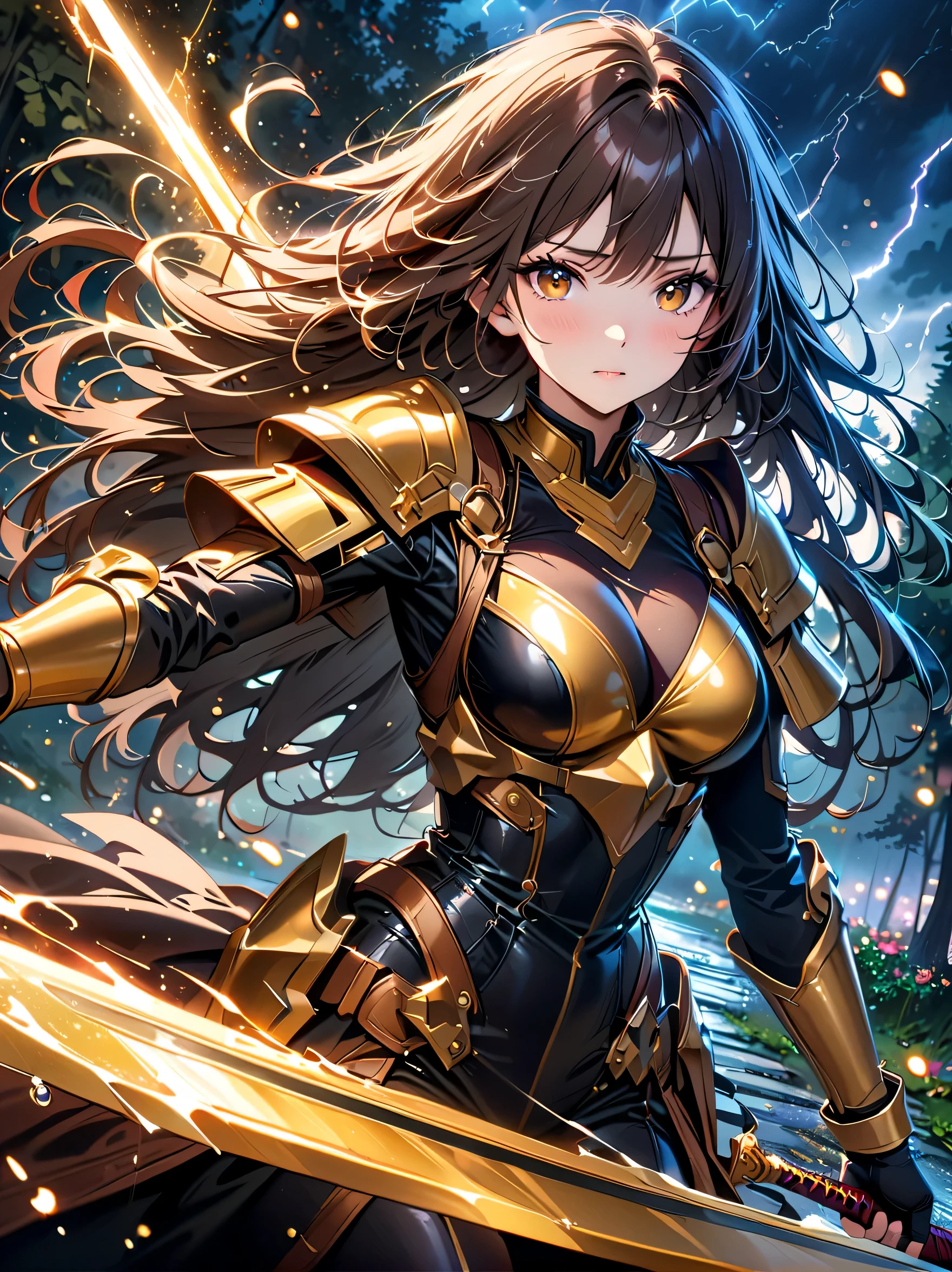 Fantasy, forest landscape photo, Swedish beauty, skin moist and shiny, (18-year-old female swordsman in a glittering battle uniform, with glittering golden decorations and a long sword that shines), (path, night, thunderstorm, terrible) cloudy, rainwater: 1.2), (details: 1.2), light, sad, brown eyes, symmetrical features, delicate hands, exquisite fingers, glittering battle uniforms, (masterpiece: 1.2), (magnificent Composition: 1.4), (Talent: 1.2), Super detailed, Very detailed, Crazy details, (Real photo: 1.2), High resolution, 8k, Exquisite, Sharp, Grace, Dreamy bright colors, high quality,