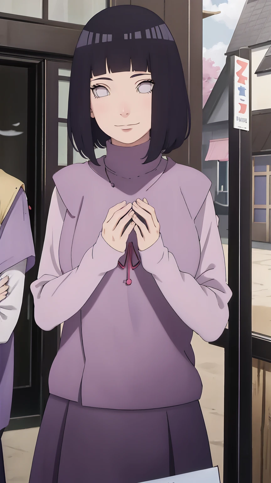 Meisterwerk, absurdres, Hinata\(Boruto\), 1girls, nur,reifes Weibchen, lila Kapuzenpullover,layered sleeves, braune Hose, al fresco,Lavendelblütenfeld, Blick auf den Betrachter, (falling petals), overcast sky, Perfekte Komposition, Detaillierte Lippen, large chest, Beautiful face, Body Propotion, flush, (rosa Lippen), Lange Haare, lila Augen, Sanfter Blick, sad smile, Super realistisch, Detailliert, Fotoshooting, Realistic face and body, Realistisches Haar, Realistische Augen, realistische Nase, Realistische Lippen, delicated smile, upper body