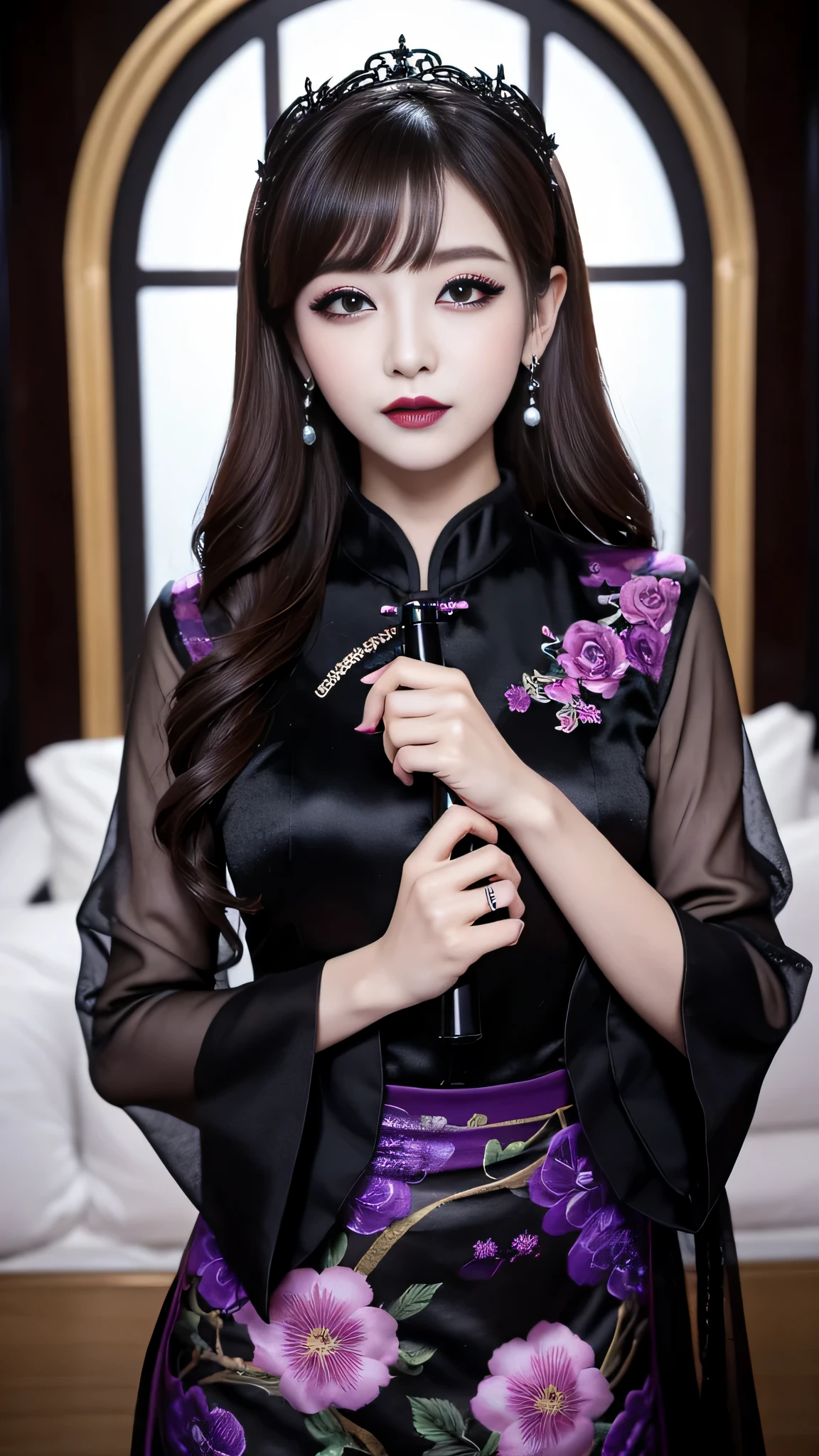 best quality、ultra-detailed、4k、Japanese、Seductive beauty、seductive adult woman、Pretty Woman、cool girl、Villainess、brainwash、Fallen into evil、smirk、Evil look、Wicked Smile、evil、Brown hair、wavy hair、swept bangs、Butterfly Hair Ornament、dark makeup、dark makeup、piercing eyes、hollow eyes,half-closed eyes、Hollow Eyes、Purple Eyeshadow、black lipstick、black lipglos、Long Black Cheongsam、Wide sleeves、night、inside darkroom、Having lipstick、Engraving a rose pattern、Emblem of Evil、Crest of Darkness、Swear allegiance、I have pledged my allegiance、Dye black、Blackening、Stained with evil、Dyed in darkness