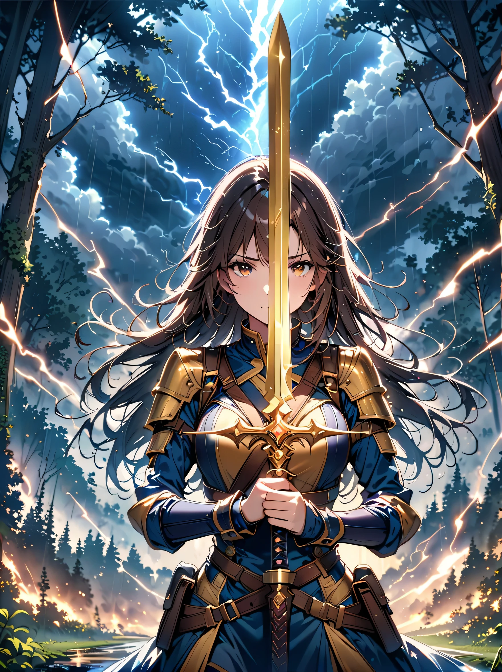 Fantasy, forest landscape photo, Swedish beauty, skin moist and shiny, (18-year-old female swordsman in a glittering battle uniform, with glittering golden decorations and a long sword that shines), (path, night, thunderstorm, terrible) cloudy, rainwater: 1.2), (details: 1.2), light, sad, brown eyes, symmetrical features, delicate hands, exquisite fingers, glittering battle uniforms, (masterpiece: 1.2), (magnificent Composition: 1.4), (Talent: 1.2), Super detailed, Very detailed, Crazy details, (Real photo: 1.2), High resolution, 8k, Exquisite, Sharp, Grace, Dreamy bright colors, high quality,