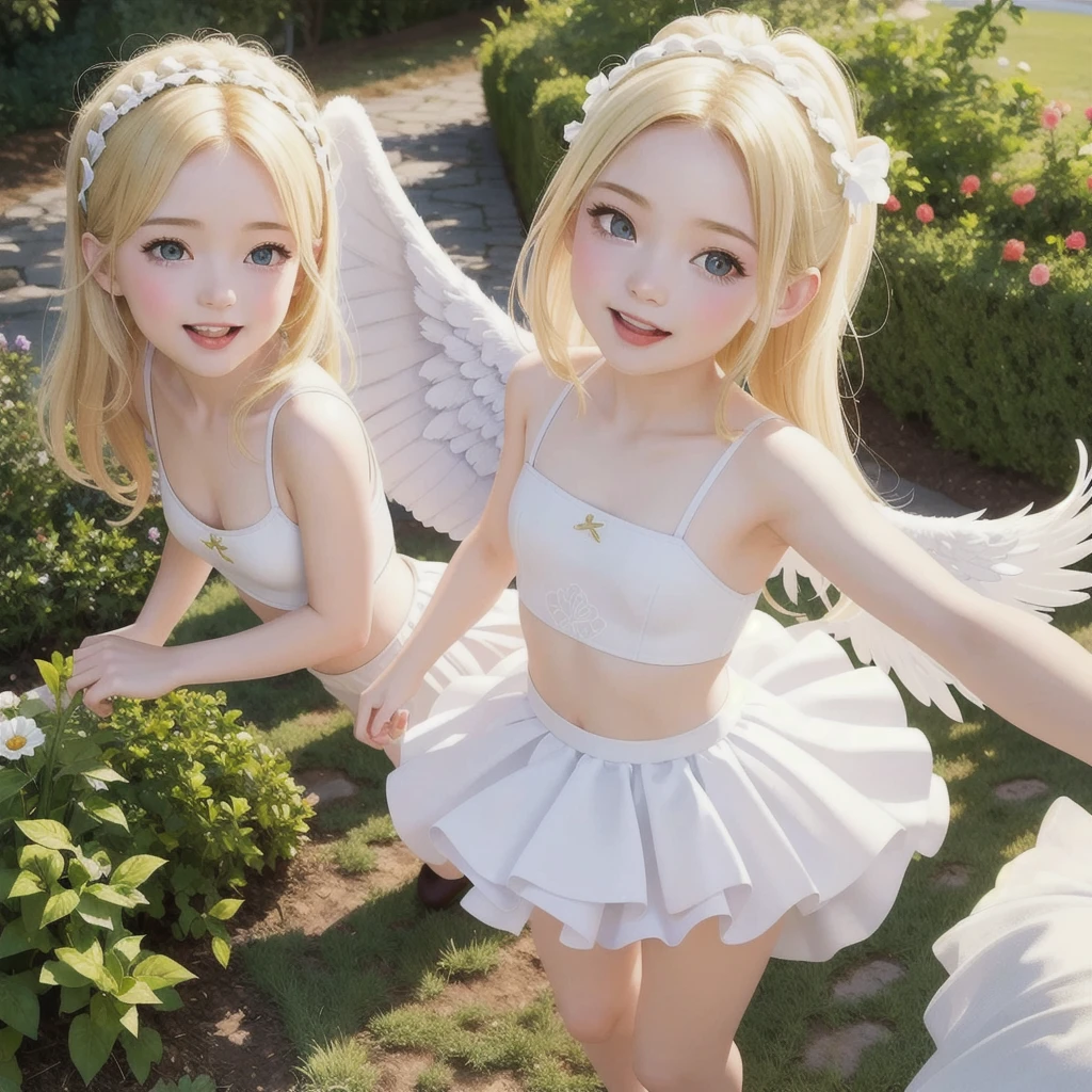 (masterpiece, highest quality, Highest image quality,photorealistic, Raw photo)a girls,(girl is angel),((girl with angel's wing,angel halo floats above her head),blonde hair,very slutty, smile,mouth open,(skirt lift,showing white panty,low leg panty),strong wind,whole body,(in garden),dynamic pose,three-dimensional,octane rendering,Perfect face,