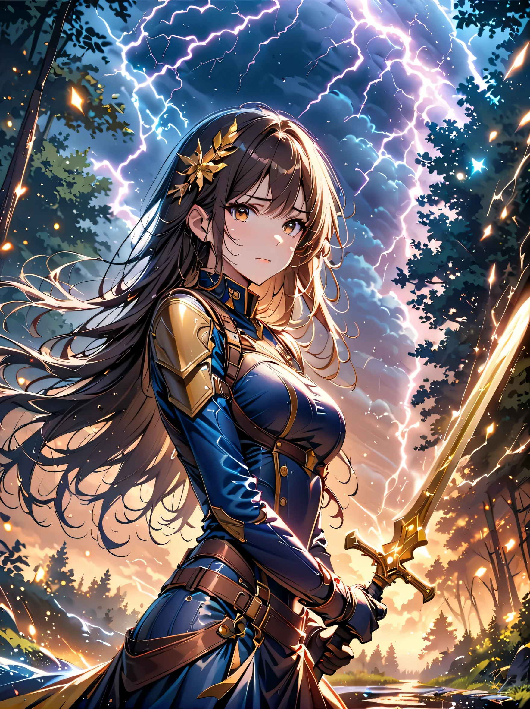 Fantasy, forest landscape photo, Swedish beauty, skin moist and shiny, (18-year-old female swordsman in a glittering battle uniform, with glittering golden decorations and a long sword that shines), (path, night, thunderstorm, terrible) cloudy, rainwater: 1.2), (details: 1.2), light, sad, brown eyes, symmetrical features, delicate hands, exquisite fingers, glittering battle uniforms, (masterpiece: 1.2), (magnificent Composition: 1.4), (Talent: 1.2), Super detailed, Very detailed, Crazy details, (Real photo: 1.2), High resolution, 8k, Exquisite, Sharp, Grace, Dreamy bright colors, high quality,