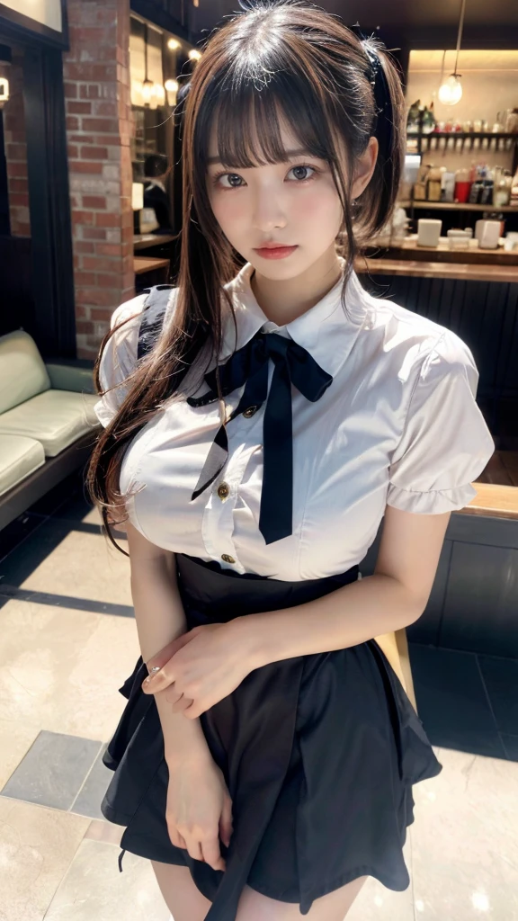 muste piece, best quality, illustration, Super detailed, fine details, High resolution, 8K,wall paper, perfect dynamic composition,(Details High quality, realistic depiction of eyes:1.3), waitress uniform, restaurant, large breasts, pony tail、black hair color, Big Natural Color Lip, bold sexy pose, crying a little、cold gaze, Harajuku style、20 year old girl、cute type、ta、beautiful legs, gravure idol, Voluptuous thighs