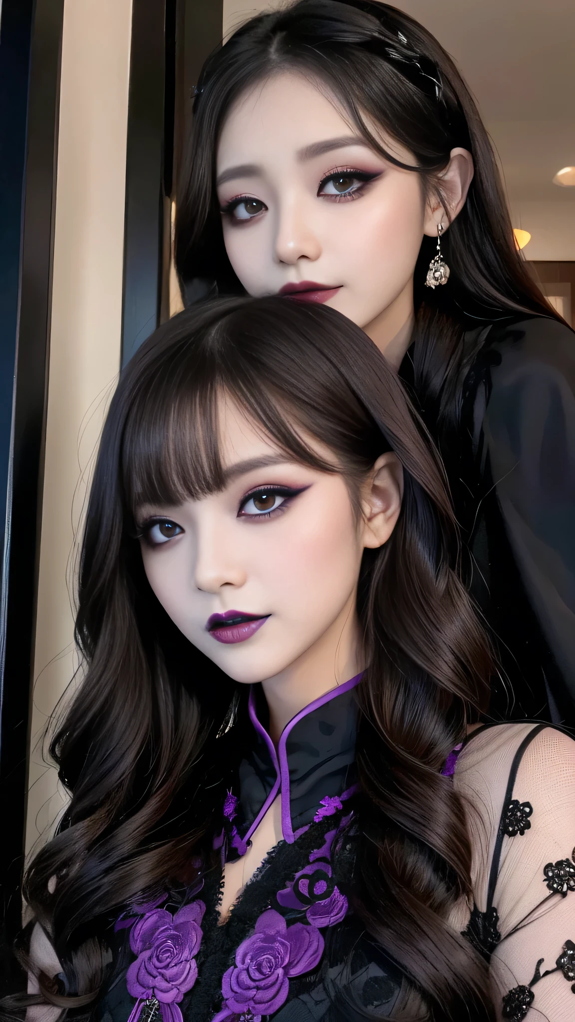 2girls、best quality、ultra-detailed、4k、Japanese、Seductive beauty、seductive adult woman、Pretty Woman、cool girl、Villainess、Brainwashed、brainwash、Fallen into evil、smirk、Evil look、Wicked Smile、evil、Brown hair、wavy hair、swept bangs、dark makeup、dark makeup、piercing eyes、hollow eyes,half-closed eyes、Hollow Eyes、Purple Eyeshadow、black lipstick、black lipglos、Long Black Cheongsam、Wide sleeves、night、Eerie Citadel、makeup brush、Make up、Are standing、