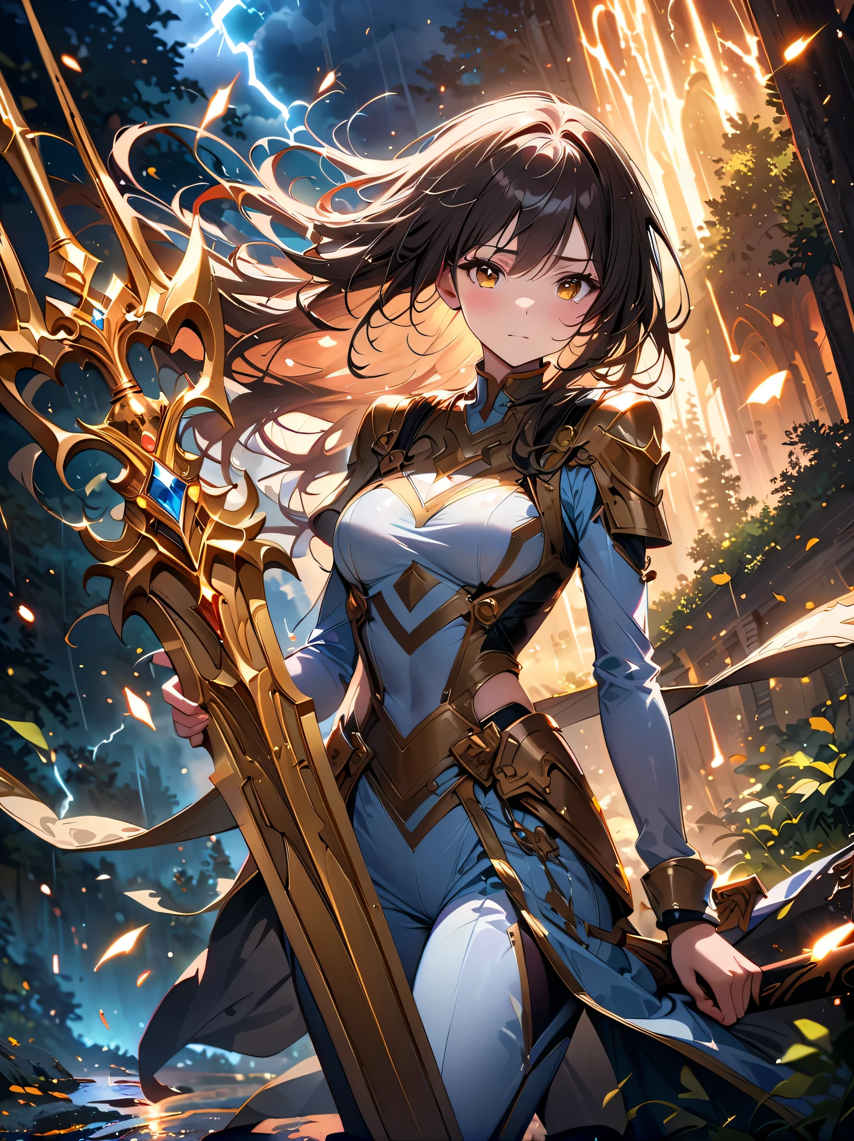 Fantasy, forest landscape photo, Swedish beauty, skin moist and shiny, (18-year-old female swordsman in a glittering battle uniform, with glittering golden decorations and a long sword that shines), (path, night, thunderstorm, terrible) cloudy, rainwater: 1.2), (details: 1.2), light, sad, brown eyes, symmetrical features, delicate hands, exquisite fingers, glittering battle uniforms, (masterpiece: 1.2), (magnificent Composition: 1.4), (Talent: 1.2), Super detailed, Very detailed, Crazy details, (Real photo: 1.2), High resolution, 8k, Exquisite, Sharp, Grace, Dreamy bright colors, high quality,