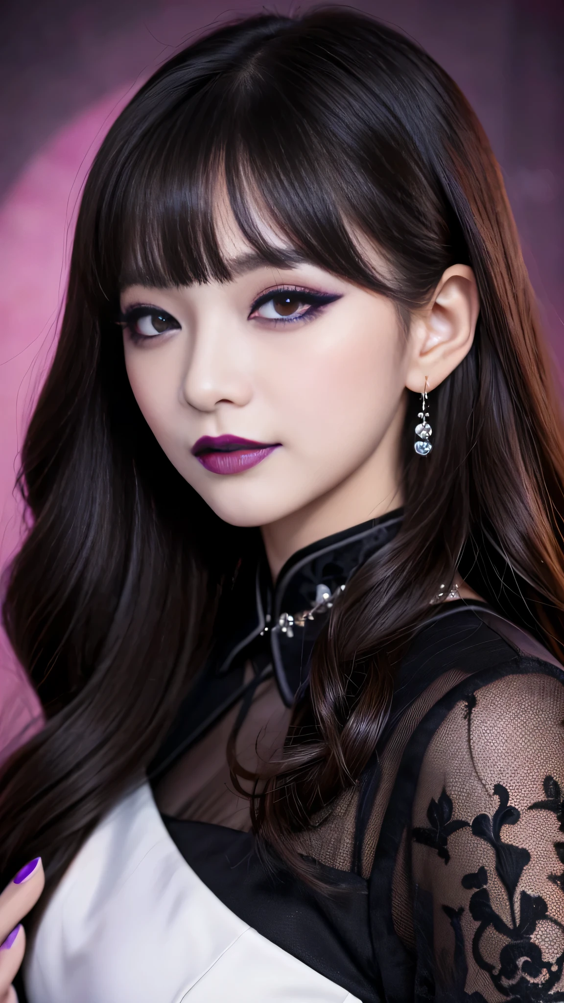 2girls、best quality、ultra-detailed、4k、Japanese、Seductive beauty、seductive adult woman、Pretty Woman、cool girl、Villainess、Brainwashed、brainwash、Fallen into evil、smirk、Evil look、Wicked Smile、evil、Brown hair、wavy hair、swept bangs、dark makeup、dark makeup、piercing eyes、hollow eyes,half-closed eyes、Hollow Eyes、Purple Eyeshadow、black lipstick、black lipglos、Long Black Cheongsam、Wide sleeves、night、Eerie Citadel、makeup brush、Make up、Are standing、