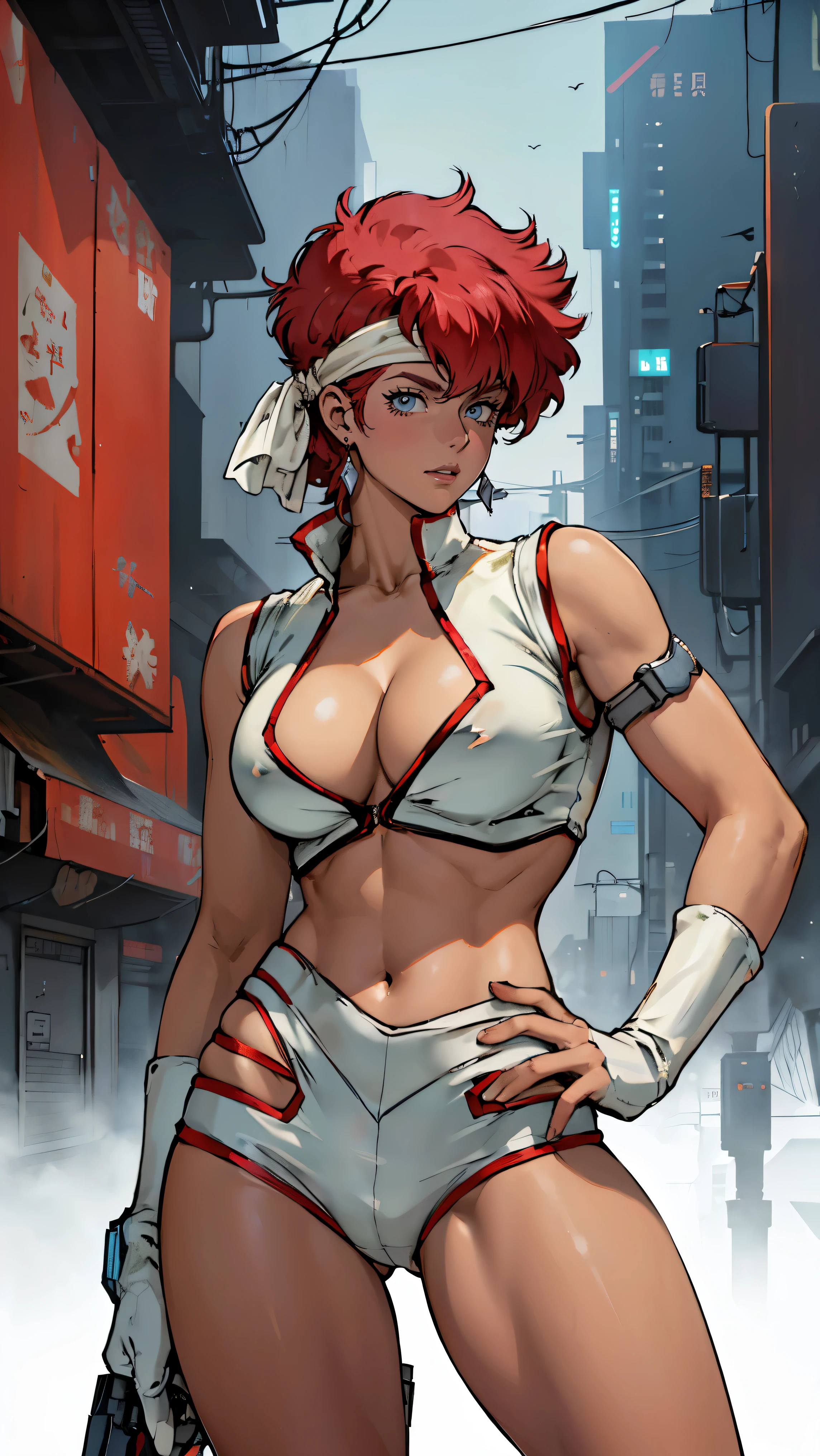 ((Masterpiece, highest quality; 1.3)), super quality, beautiful detail, super detailed, extra fine, 16K, exquisite, absurd, high resolution, beautiful background, detailed background, beautiful eyes, beautiful skin, anime style, Kay from Dirty Pair in a white outfit, tight outfit, cleavage, bushy redhead beauty, very light blue uniform, wearing tight clothes, skimpy, (mid chest: 1.2), cleavage, cleavage, , slim waist, slim thighs, thigh gap, showing stomach, skinny, thin hips, cyberpunk city background, retro space gun holding, headband, 