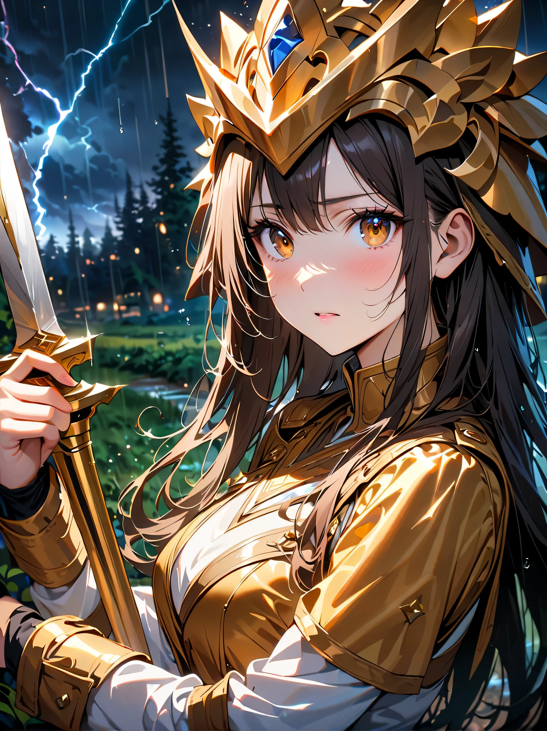 Fantasy, forest landscape photo, Swedish beauty, skin moist and shiny, (18-year-old female swordsman in a glittering battle uniform, with glittering golden decorations and a long sword that shines), (path, night, thunderstorm, terrible) cloudy, rainwater: 1.2), (details: 1.2), light, sad, brown eyes, symmetrical features, delicate hands, exquisite fingers, glittering battle uniforms, (masterpiece: 1.2), (magnificent Composition: 1.4), (Talent: 1.2), Super detailed, Very detailed, Crazy details, (Real photo: 1.2), High resolution, 8k, Exquisite, Sharp, Grace, Dreamy bright colors, high quality,