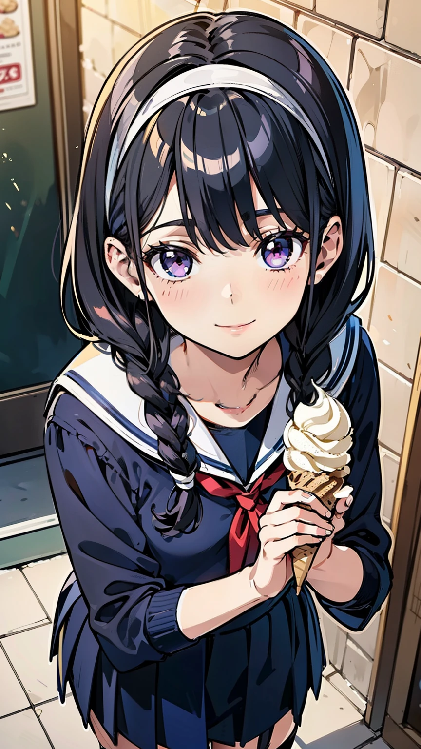 sailor uniform, sailor suit, one woman, (a beauty woman, delicate schoolgirl:1.3), 8K, highest quality, masterpiece, Very detailed, Ultra-high resolution, Realistic, RAW Photos, Absolute Resolution, Black Hair, Braided Hair, small face compared to body, very small face, Black Hair, Navy blue sailor suit, Navy Blue Skirt, High school girl in sailor suit, Anime 2D rendering, Realistic若いアニメの女子高生, , ((White headband)), position looking down from above, Small breasts, tall, Slanted Eyes, Purple Eyes, Black Stockings, garter belt, smile, In front of the ice cream shop, (Hold the soft-serve ice cream in both hands:1.3),