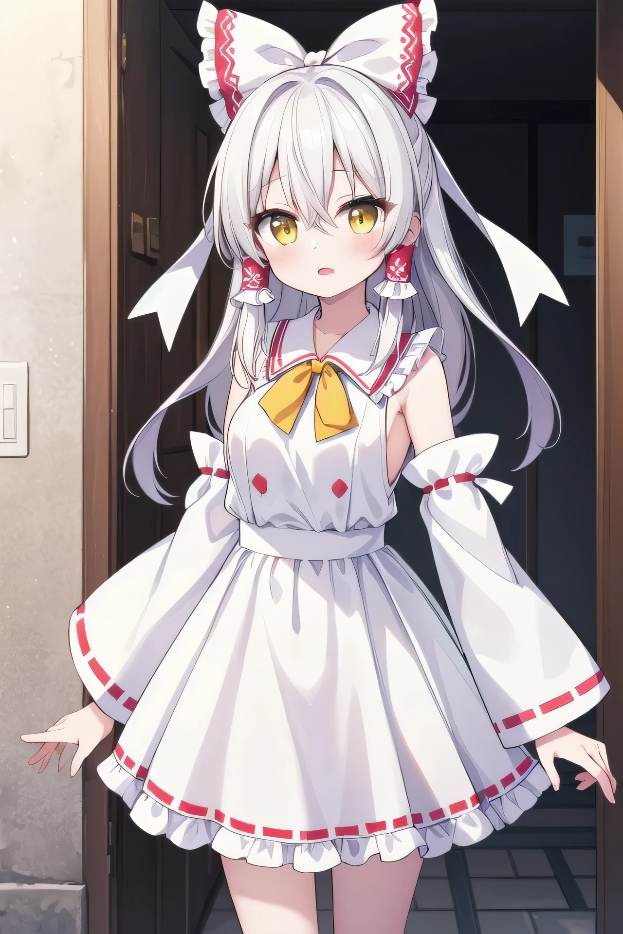 masterpiece, top quality, super detailed, CG illustration, high resolution, better lighting, best shadows, very delicate and beautiful, proper shading, hd, 8k,hakurei reimu, 1girl, solo, long hair, breasts, looking at viewer, open mouth, bangs, white skirt, long sleeves,white dress, bow, white ribbon, hair between eyes, standing, yellow eyes, white hair, hair bow, sidelocks,white frills, parted lips, detached sleeves, wide sleeves, neck ribbon, feet out of frame,white hair tubes, white skirt, white bow, white sleeves, alternate color, alternate eye color, alternate hair color, whitefrilled bow, grey bow