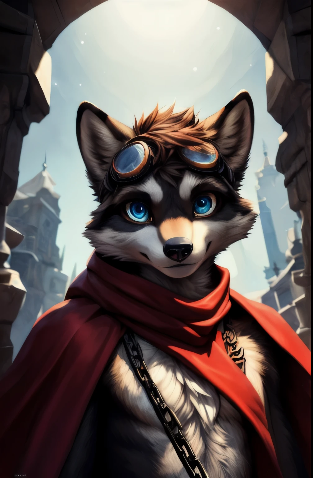top quality, soft color, Vintage images, highres, paid reward available, High-quality illustrations, unparalleled masterpiece, (furry anthro:1.7)absurdres(highly detailed beautiful face and eyes)perfect anatomy, expression, caustics, dynamic lighting, lens flare, deep shadow, dynamic angle, masterpiece, high quality, hi res, solo, teen Furry, teen, raccoon, spiked brown hair only on head, red scarf, blue eyes, goggles, chain harness, Black loincloth, red cape, masterpiece, detail body, fur all over body, detailed face, detailed eyes, detailed hands, Skinny, claws, high resolution, metal cuffs on wrists, metal cuffs on ankles, no shirt, no underwear, side view