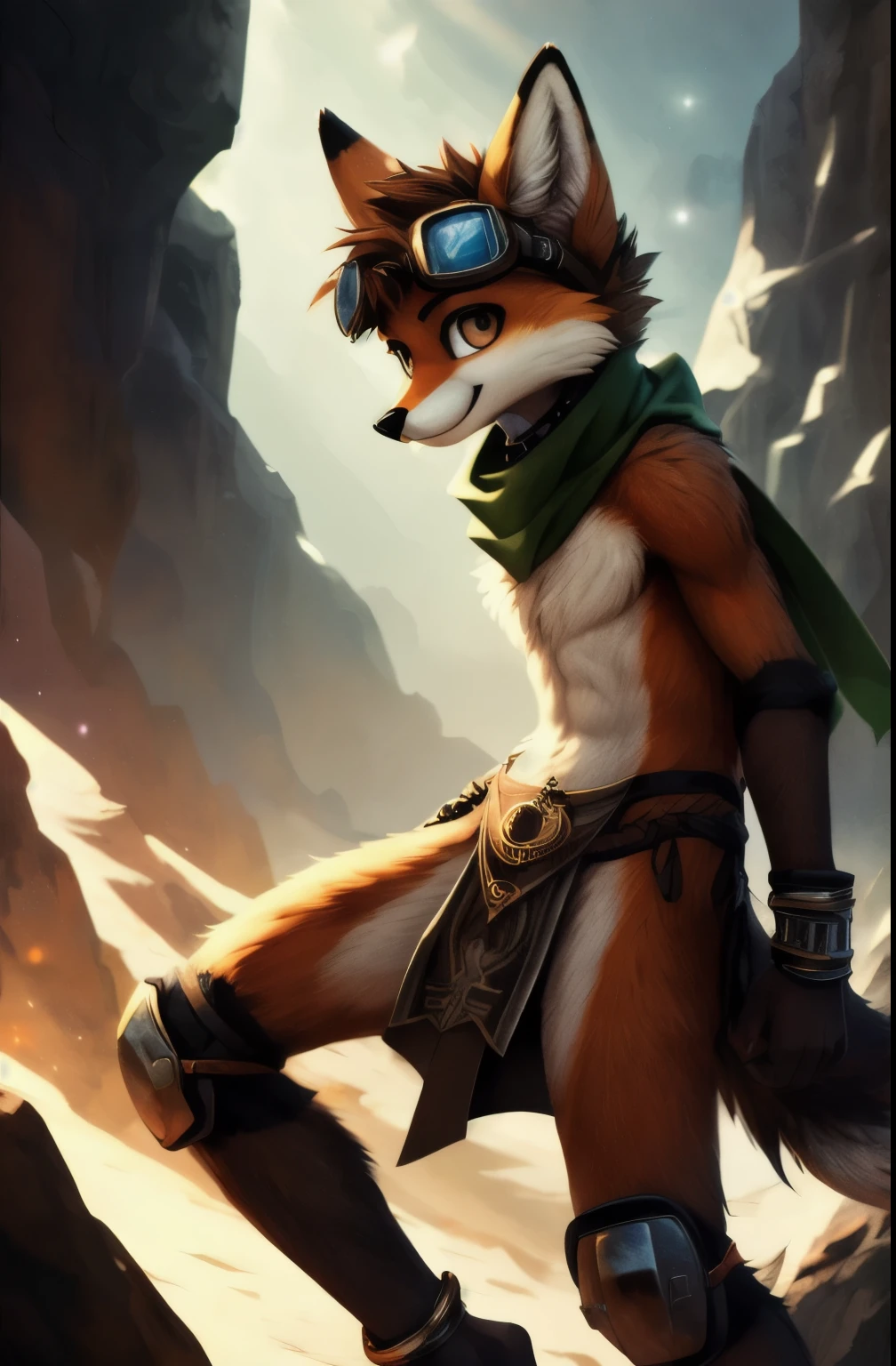 top quality, soft color, Vintage images, highres, paid reward available, High-quality illustrations, unparalleled masterpiece, (furry anthro:1.7)absurdres(highly detailed beautiful face and eyes)perfect anatomy, expression, caustics, dynamic lighting, lens flare, deep shadow, masterpiece, high quality, hi res, solo, age Furry, teend fox, spiked brown hair only on head, collar, brown eyes, goggles, Black loincloth, green scarf, elbow pads, knee pads, masterpiece, No muscles, Detailed hands, detailed face, detailed eyes, detailed body, Flat body, Skinny, claws, high resolution, metal cuffs on wrists, metal cuffs on ankles, no shirt, side view