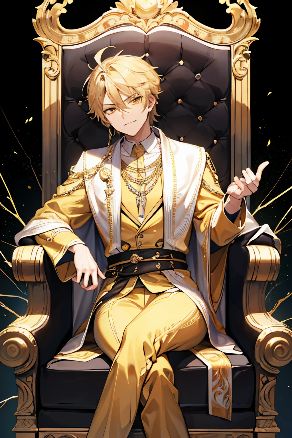 The god Zeus. He has blonde, golden and spikey hair. he looks charming, confident and masculine. he has a smirk. he sits on a golden throne. yellow lightning crackles around him. he dresses royally, like a king. he sits like a king. he has yellow eyes.