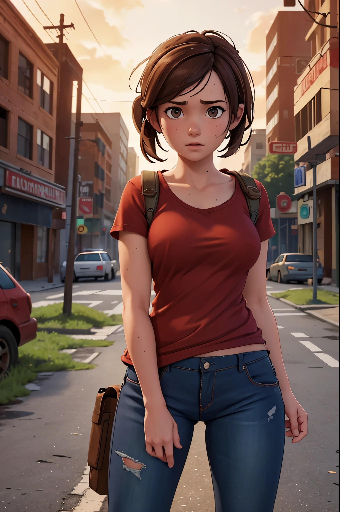 NSFW, Masterpiece, 1.4 Top Image 4K, Ellie The Last Of Us, Brown Hair, Red Shirt, Dark Blue Pants, Rendering In An Apocalyptic City, Showing Panties, Ultra Realistic, 4K Wallpaper, EnvyBetterHands LoCon.