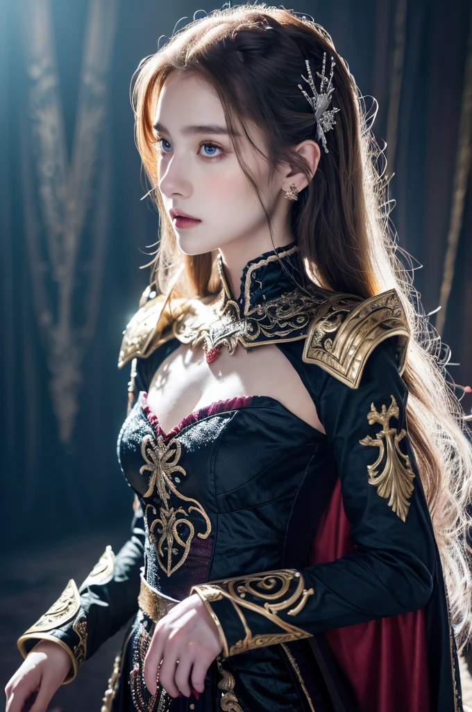 ( masterpiece, top quality, best quality,8k,17 years old girl,ultra detailed,raw photo:1.5),(photorealistic:1.4),(cinematic lighting), PerfectNwsjMajic, , Surrealism, UHD, ccurate, Super detail, textured skin, High detail, Best quality, dynamic angle, (high nose,White skin),[Beautiful blue eyes],[flat chest:large breasts:0.5],(1girl),(good anatomy:0.5)),a woman in a dress with a sword, a beautiful fantasy empress, ((a beautiful fantasy empress)), beautiful fantasy maiden,snow