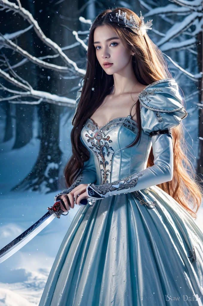( masterpiece, top quality, best quality,8k, girl,ultra detailed,raw photo:1.5),(photorealistic:1.4),(cinematic lighting), PerfectNwsjMajic, , Surrealism, UHD, ccurate, Super detail, textured skin, High detail, Best quality, dynamic angle, (high nose,White skin),[Beautiful blue eyes],[flat chest:large breasts:0.5],(1girl),(good anatomy:0.5)),a woman in a dress with a sword, a beautiful fantasy empress, ((a beautiful fantasy empress)), beautiful fantasy maiden,snow