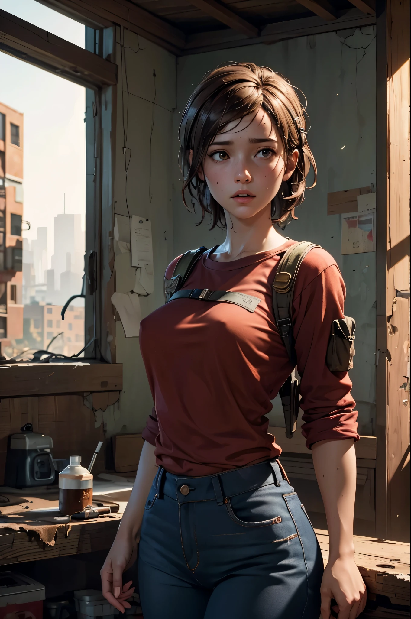 NSFW, Masterpiece, 1.4 Top Image 4K, Ellie The Last Of Us, Brown Hair, Red Shirt, Dark Blue Pants, Rendering In An Apocalyptic City, Showing Panties, Ultra Realistic, 4K Wallpaper, EnvyBetterHands LoCon.