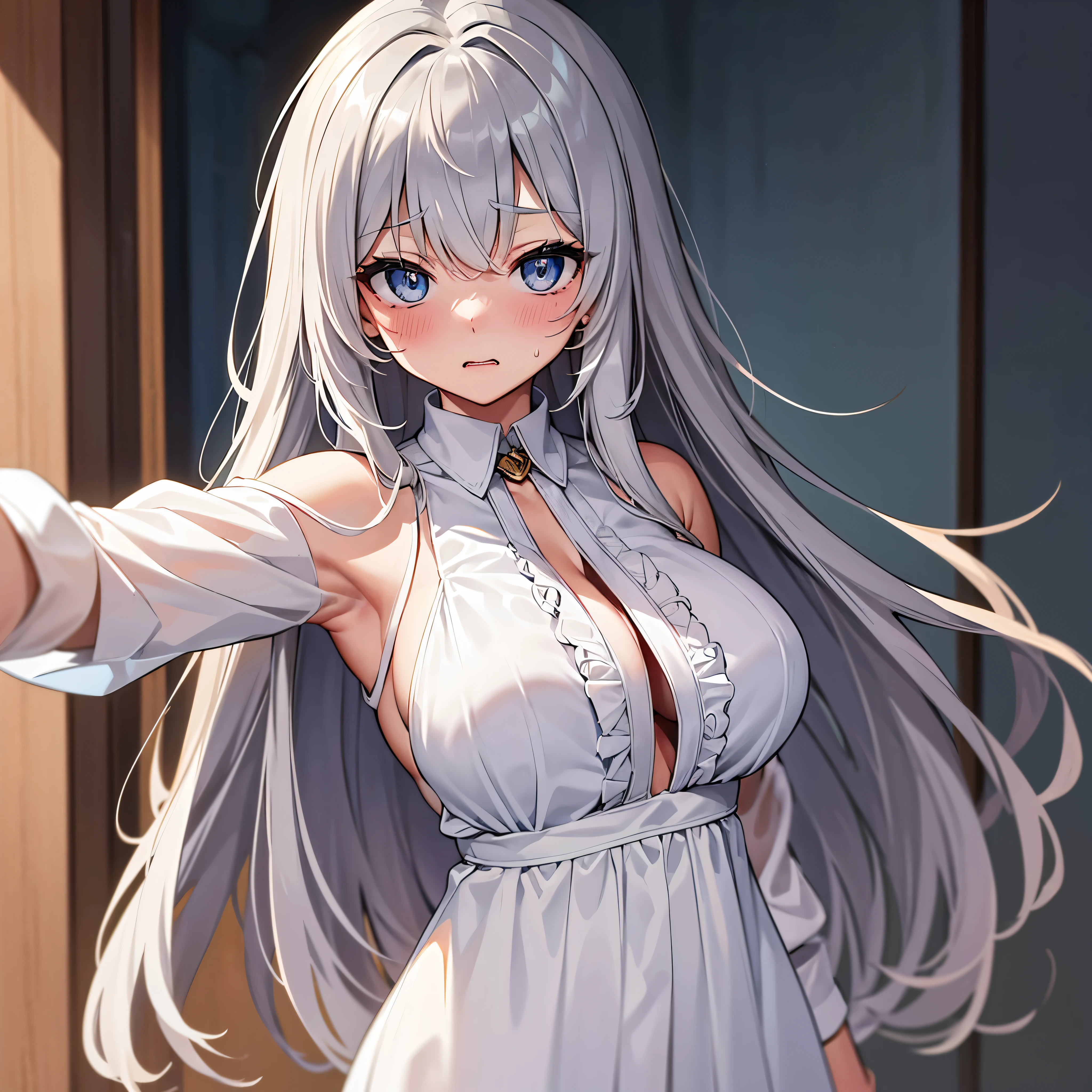 highest quality, 32k, Raw photo, Very detailed, Delicate texture, (Beautiful and beautiful eyes: 1.2), Put your hands behind your back,Big Breasts, Beautiful Face, prairie blouse, 28 years old,Upper Body, Sweat, Ahegao, Roll your eyes, blush, Drooling,body fluid,indoor, night,Gray Hair、Long hair straight、Embarrassed face, Selfie、((A photo of one person))、((Single photo))