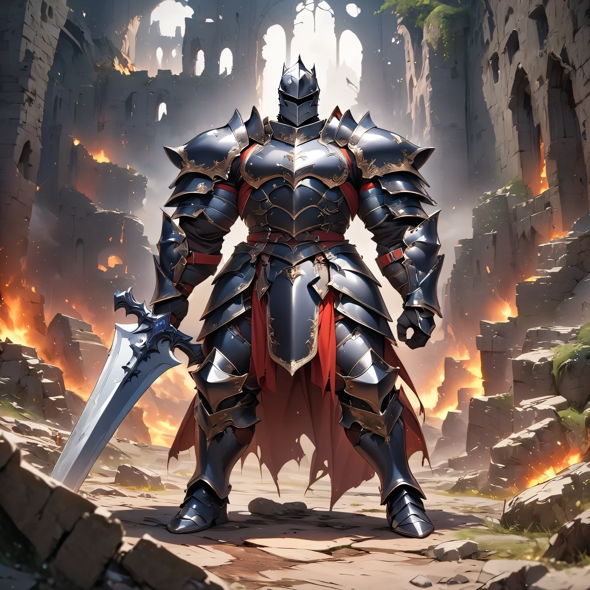 (Masterpiece, Need, Ultra Exquisite, High Resolution), Male Focus, (Knight), (Muscle Man), (Muscle Details), (Armor), Group Photo, Angry Expression, Castle Ruins, Background Details, (Full Body), (Knight's Great Feeling), Wearing a Big Sword