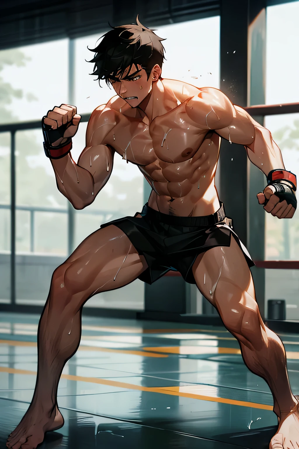 shirtless handsome manly short black hair caucasian male mma fighter, mma gloves, white mma shorts, barefoot, sweat-drenched, soaking wet, drenched with sweat, sweating profusely, running inside the gym as punishment