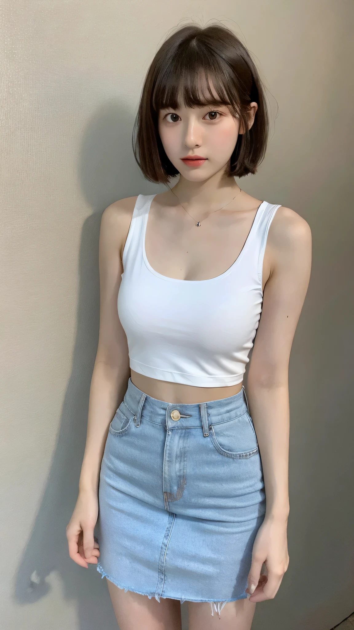 （Very realistic， High resolution：1.3）， One girl with a perfect figure， The face and eyes are very delicate.，A little bangs，Short Hair， Random color tank top：1.2，Short skirt， Big Bubu，Baogou