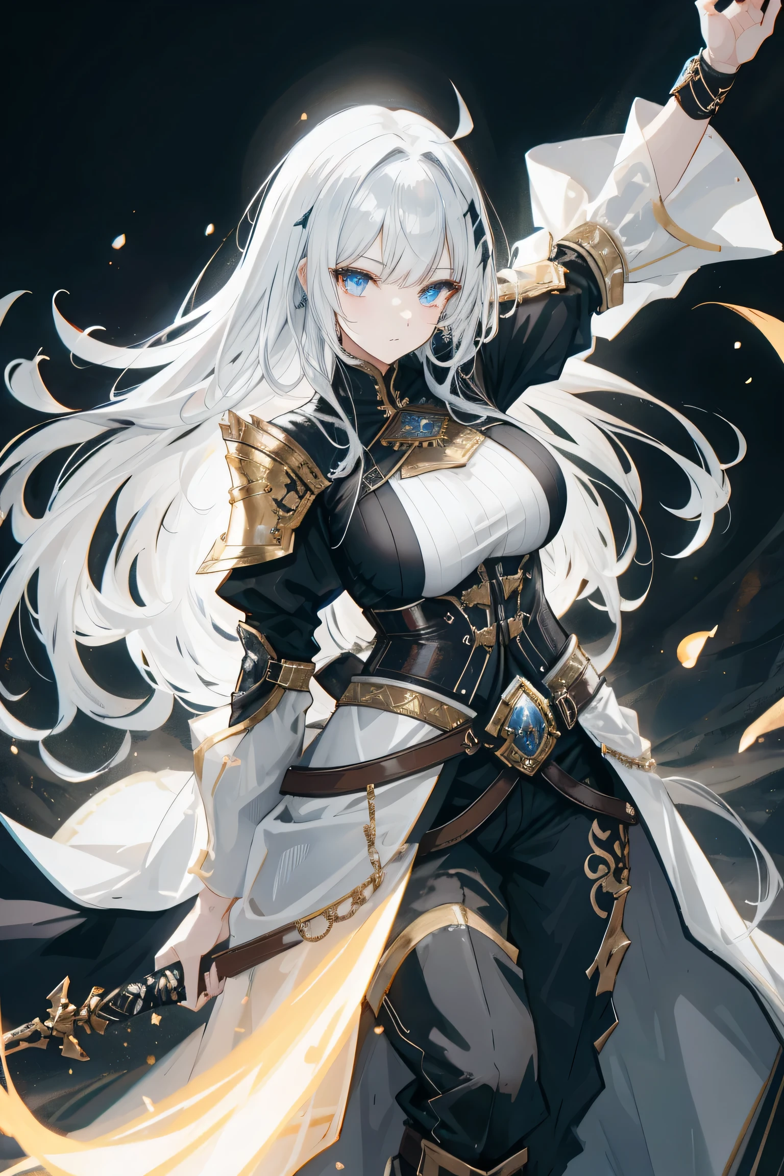 Generate an image of a majestic Swedish female warrior riding a horse, wearing a shiny armor and holding a sword up towards the sky. The warrior has long, flowing black hair with white highlights in the middle, thick wavy eyebrows, sharp almond-shaped eyes, and a determined expression. She wears a fantasy-inspired black and white coat with wide sleeves, a fabric belt around her waist, and loose-fitting pants. The background is a fantasy-inspired training arena with a focus on martial arts. The image should be rendered in a highly detailed, high-resolution, and anatomically correct style, with a focus on realism and perfection. The lighting should be cinematic, with a warm and natural glow. The image should evoke a sense of power, strength, and elegance. Reference: anime-style fantasy martial arts, high-quality manga art, perfect body proportions, golden ratio, symmetrical face, highly detailed eyes and face, high-quality eyes, creative, RAW photography, ultra-high resolution, 32k, natural light, cinematic lighting, masterpiece: anatomy-perfect, masterpiece: 1.5