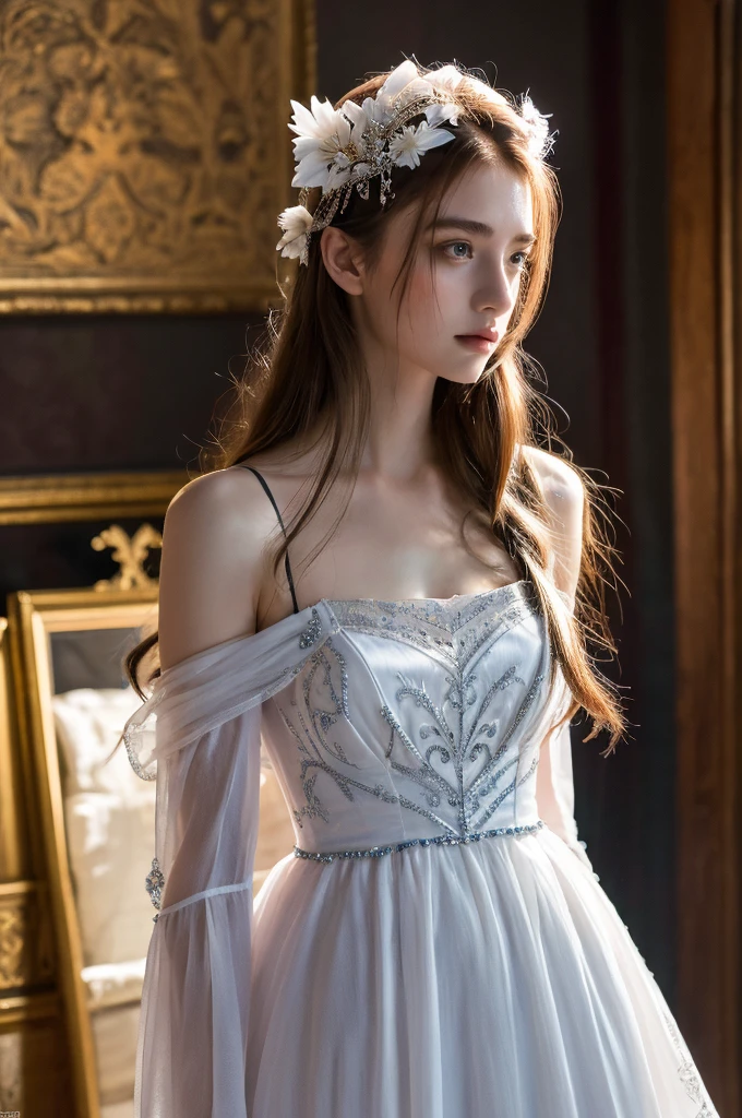 ( masterpiece, top quality, best quality,8k,17 years old girl,ultra detailed,raw photo:1.5),(photorealistic:1.4),(cinematic lighting), PerfectNwsjMajic, , Surrealism, UHD, ccurate, Super detail, textured skin, High detail, Best quality, dynamic angle, (high nose,White skin),[Beautiful blue eyes],[flat chest:large breasts:0.5],(1girl),(good anatomy:0.5)), of a woman in a dress with a sword, a beautiful fantasy empress, ((a beautiful fantasy empress)), beautiful fantasy maiden
