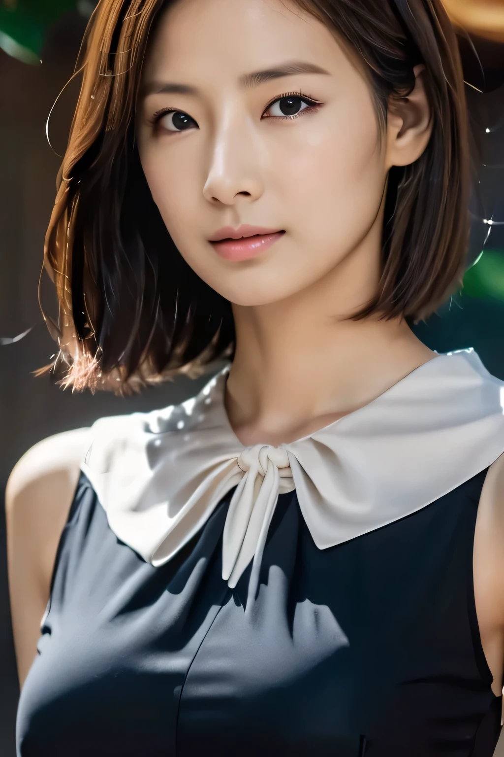 masterpiece,beautiful,Very detailed,(Ultra-high resolution),(8k UHD highest quality), (Realistic, photograph-Realistic:1.37), depth_of,Field, Blurred_background, photograph_Inset,Draminic lighting,reference_Inset,photograph_background,Brown_eye,photographRealistic,Looking_in_Audience,1 of 1 girls,Shiny skin,Detailed skin,((((black eye))),(((blouse))),Mami