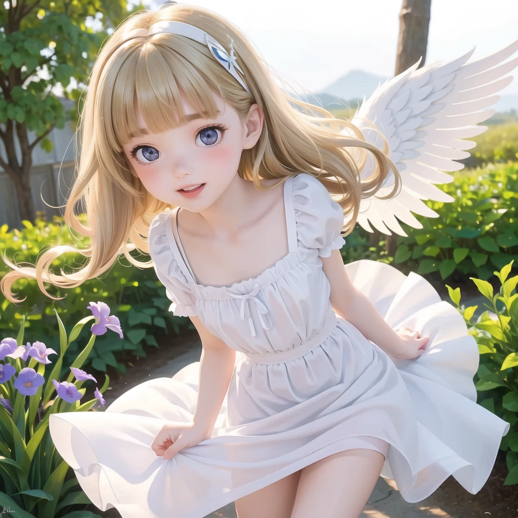 (masterpiece, highest quality, Highest image quality,photorealistic, Raw photo)a girls,(girl is angel),((girl with angel's wing,angel halo floats above her head),blonde hair,very slutty, smile,mouth open,skirt lift,((showing panty)),small panty,strong wind,whole body,in garden,beautiful detailed teeth, eyes with large brown irises, blunt bangs,small mouth, fresh lips,nose blush,dynamic pose,three-dimensional,Perfect face,beautiful lighting, volumetric lighting, dynamic angle, sharp,