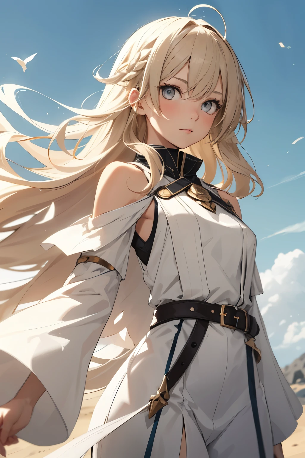 Girl with long dark blonde hair with bangs and grey eyes wearing a white mage outfit. She has wind powers 