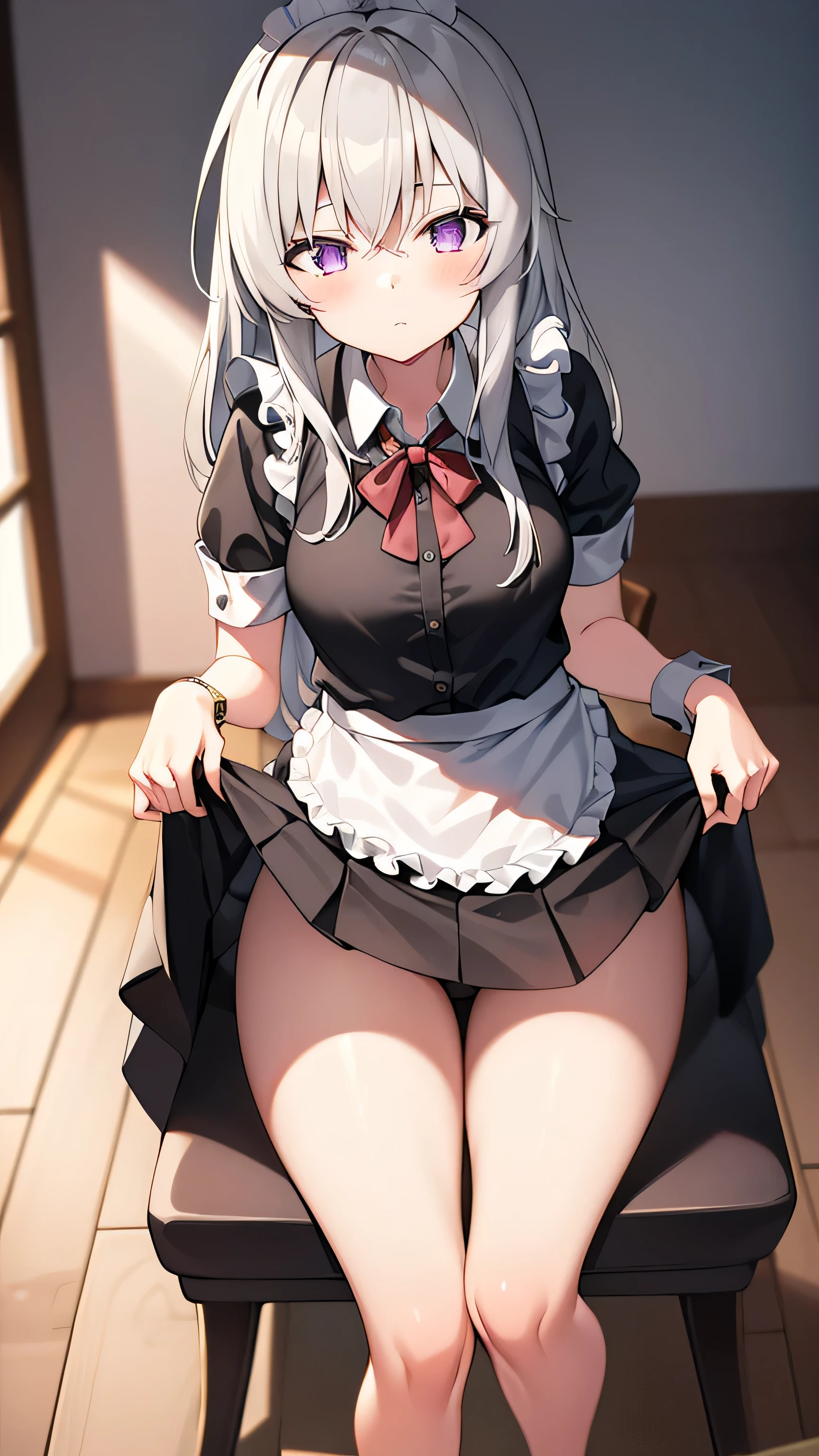1 girl, , Solitary, lift your legs, Long hair, skirt, Pink_hair, maid_have, watch_take a step back, watch_Shown in_Look at the audience, By Bangs, Black_lift your legs, Blushed, Black_skirt, he himself, short_sleeve, clothing_lift, wrist_cuff, decorate, skirt_lift, Big deal_, lifted_Pasado_Self-expression, Translucent liquid from_Shown in the back, maid, Fluffy_short_sleeve, Side lock, Fluffy_sleeve, crops_top, blunt_By Bangs, , awago outh, Big deal腿, Black_have eyes, chair, Kneel down, Frilly_skirt, _go out, Shown in indoors, window, Not wearing,Not wearing underwear,