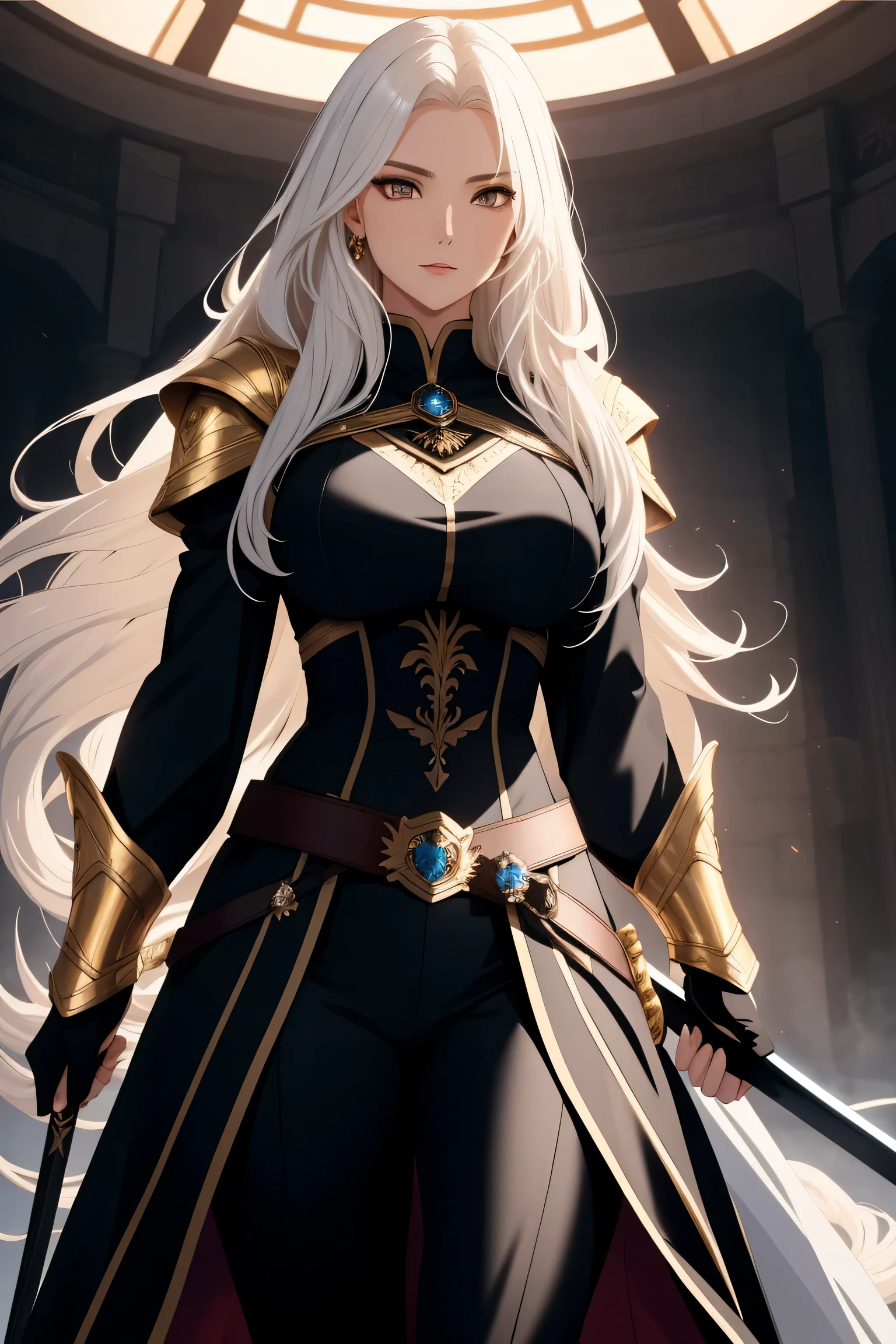 Generate an image of a majestic Swedish female warrior riding a horse, wearing a shiny armor and holding a sword up towards the sky. The warrior has long, flowing black hair with white highlights in the middle, thick wavy eyebrows, sharp almond-shaped eyes, and a determined expression. She wears a fantasy-inspired black and white coat with wide sleeves, a fabric belt around her waist, and loose-fitting pants. The background is a fantasy-inspired training arena with a focus on martial arts. The image should be rendered in a highly detailed, high-resolution, and anatomically correct style, with a focus on realism and perfection. The lighting should be cinematic, with a warm and natural glow. The image should evoke a sense of power, strength, and elegance. Reference: anime-style fantasy martial arts, high-quality manga art, perfect body proportions, golden ratio, symmetrical face, highly detailed eyes and face, high-quality eyes, creative, RAW photography, ultra-high resolution, 32k, natural light, cinematic lighting, masterpiece: anatomy-perfect, masterpiece: 1.5