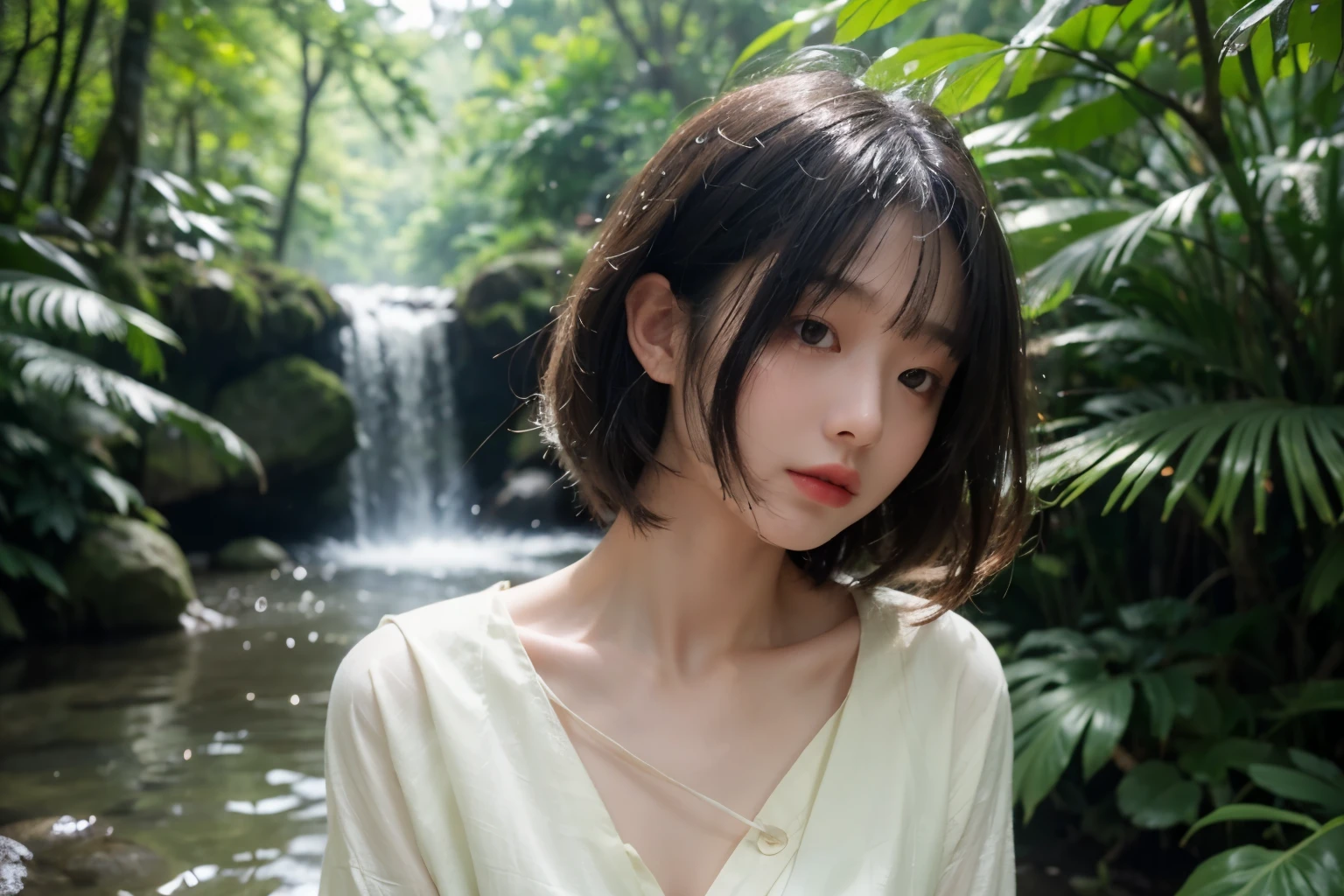 portrait, (Japan), minimum, harmony, tranquility, Fantasy, (summer:1.2), forest with impressive fresh young leaves, Light Shower in the Forest, Girl staring into the distance, slender, floating Medium Hair, diffused natural skin glow, bangs, light colored blouse, jeans masterpiece, highest quality, RAW Photos, sigma 50mm f1.4, candytt