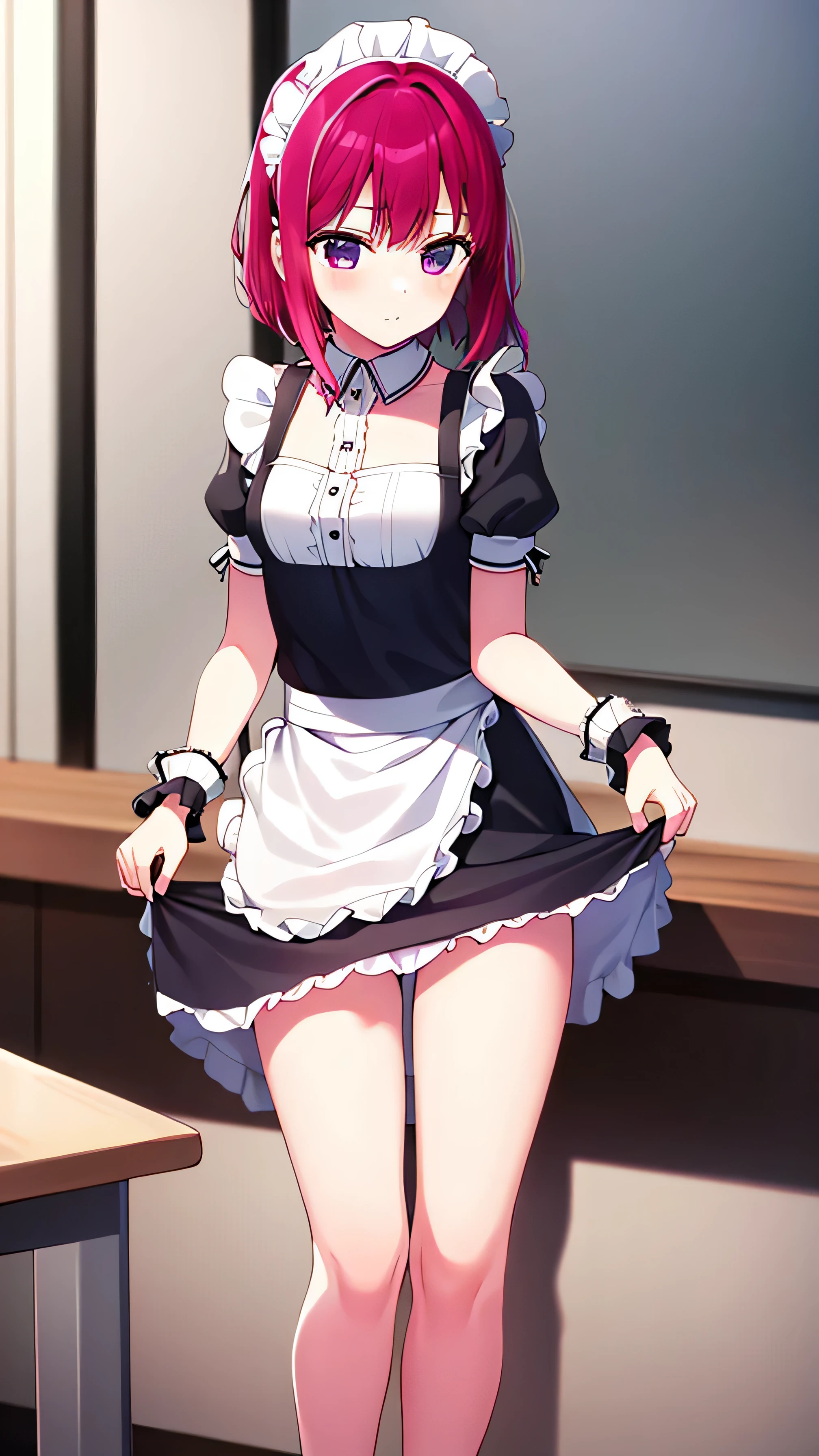 1 girl, , Solitary, lift your legs, Long hair, skirt, Pink_hair, maid_have, watch_take a step back, watch_Shown in_Look at the audience, By Bangs, Black_lift your legs, Blushed, Black_skirt, he himself, short_sleeve, clothing_lift, wrist_cuff, decorate, skirt_lift, Big deal_, lifted_Pasado_Self-expression, Translucent liquid from_Shown in the back, maid, Fluffy_short_sleeve, Side lock, Fluffy_sleeve, crops_top, blunt_By Bangs, , awago outh, Big deal腿, Black_have eyes, chair, Kneel down, Frilly_skirt, _go out, Shown in indoors, window, Not wearing,Not wearing underwear,