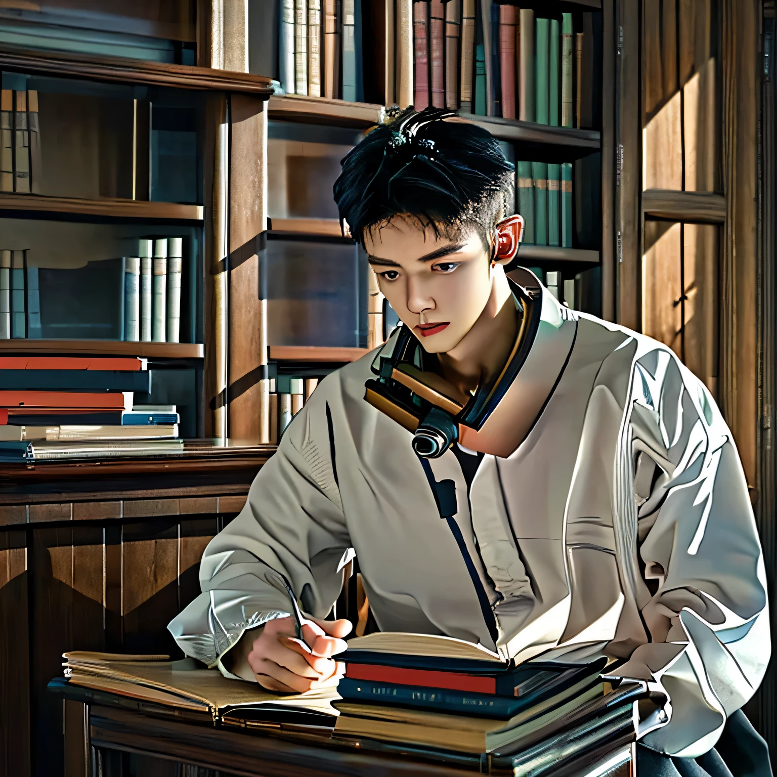(best quality,4k,8k,highres,masterpiece:1.2),ultra-detailed,realistic,professional,boy sitting like a gangster,wearing ,inside a classroom,reading books,shining a light on him, intense focus,meticulous details,vivid colors,pencil sketch art style,soft lighting,quiet atmosphere,books neatly arranged on desk,chair tilted back,confident posture,serious expression,earphones around his neck,open window with sunlight streaming in,bookshelves filled with books and trophies in the background,classroom door slightly ajar,quiet and studious vibe