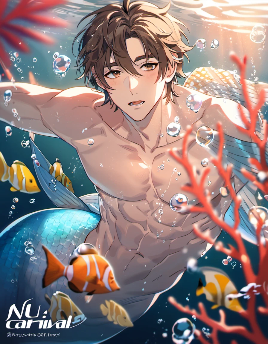 absurdres, highres, ultra detailed, HDR, master piece, best quality, Eiden, brown hair, expressive brown eyes, Nu Carnival, solo, sexy merman, handsome, showing the chest, underwater, coral, fish, bubbles