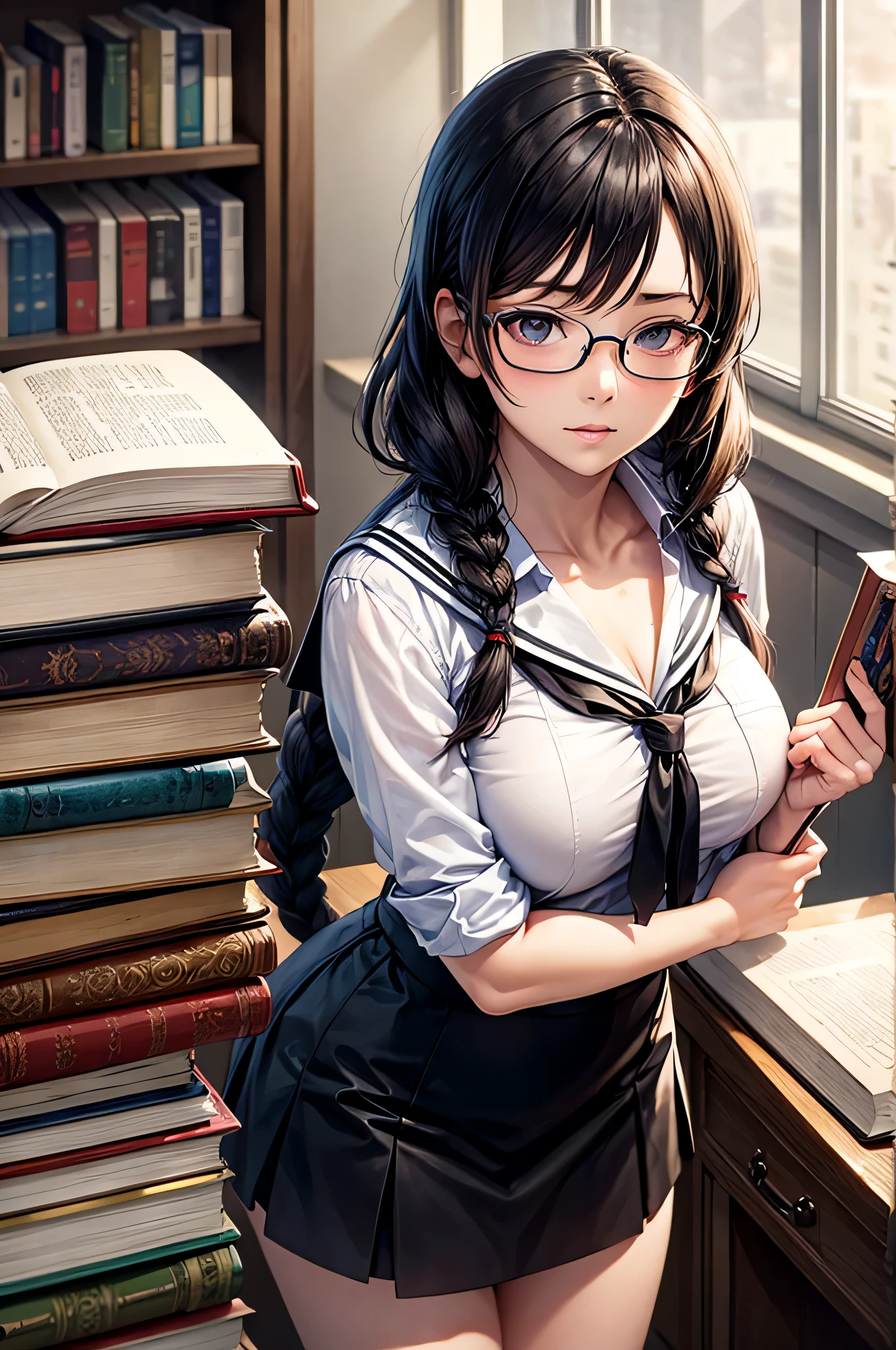 masutepiece, Best Quality, ultla detailed, Realistic, hight resolution, 8K, braided, glasses, library, Girl in uniform, serafuku, White shirt, Black skirt, Black hair, carried breast rest, carrying, stack of books, carry a pile of books, armband
