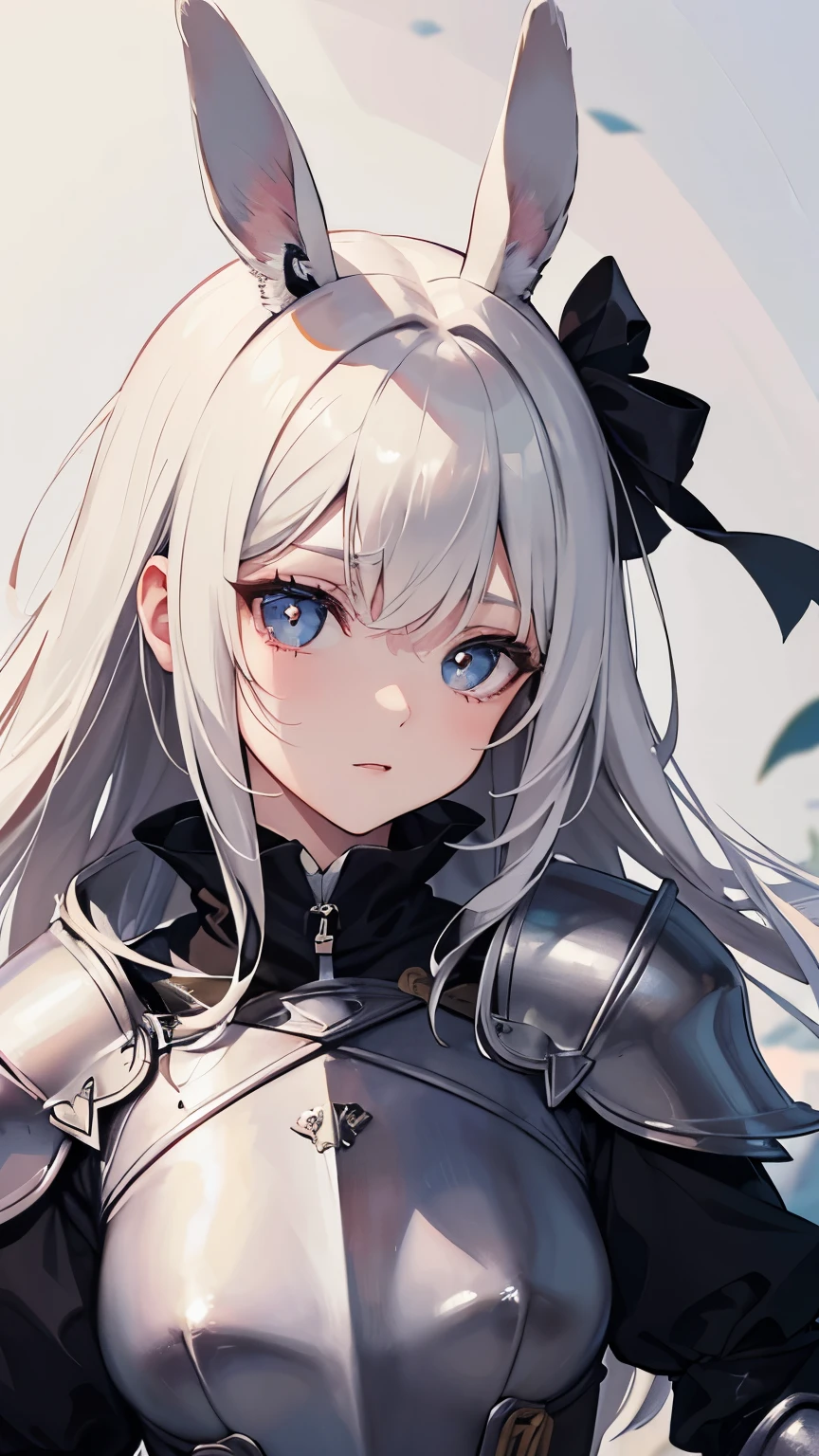 ((Best quality, 8k, Masterpiece: 1.3)), Sharp focus A beautiful woman, Highly detailed face and skin texture, (Detailed eyes), rabbit ears, hime cut, white hair, hair bow, ribbon, pupils sparkling, tareme, (knight wearing steel armor), cowboy shot