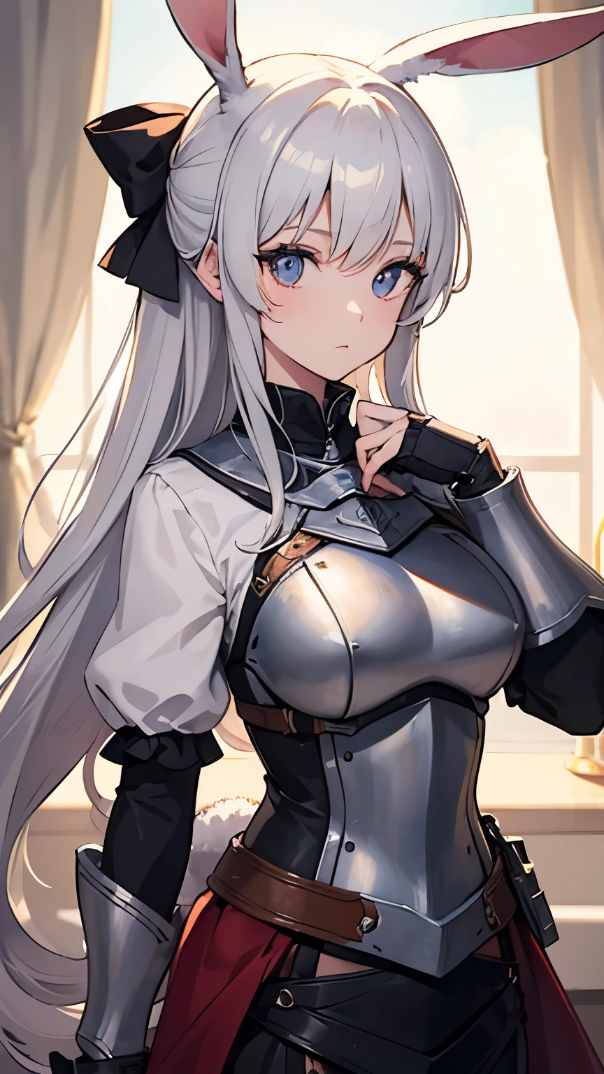 ((Best quality, 8k, Masterpiece: 1.3)), Sharp focus A beautiful woman, Highly detailed face and skin texture, (Detailed eyes), rabbit ears, hime cut, white hair, hair bow, ribbon, pupils sparkling, tareme, (knight wearing steel armor), cowboy shot