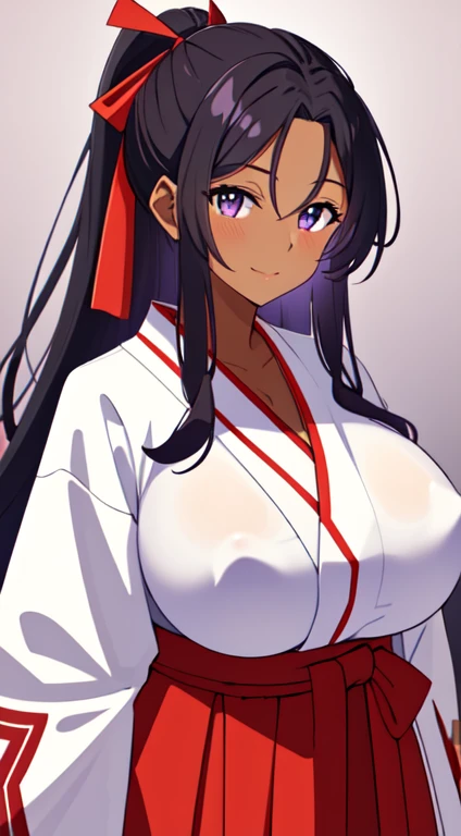 masterpiece, best quality, anime Illustration, 4k, 1 girl, solo, standing, long hair, black hair, violet eyes, high ponytail, red hair ribbon, red ribbon, red hakama and white kimono, thin fabric, nipples, erect nipples, big breasts, huge breasts, looking_at_viewer, motherly smile, upper_body, dark skin, ((Village background:1.0)), ((dark skin: 1.5)), , ((parted bangs: 1.4)),  parted bangs, large forehead, purple eyes, red hakama