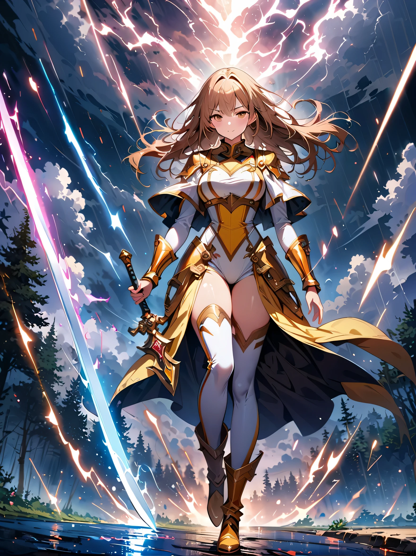 Fantasy, forest landscape photo, Swedish beauty, skin moist and shiny, (18-year-old female swordsman in a glittering battle uniform, with glittering golden decorations and a long sword that shines), (path, night, thunderstorm, terrible) cloudy, rainwater: 1.2), (details: 1.2), light, sad, brown eyes, symmetrical features, delicate hands, exquisite fingers, glittering battle uniforms, (masterpiece: 1.2), (magnificent Composition: 1.4), (Talent: 1.2), Super detailed, Very detailed, Crazy details, (Real photo: 1.2), High resolution, 8k, Exquisite, Sharp, Grace, Dreamy bright colors, high quality,