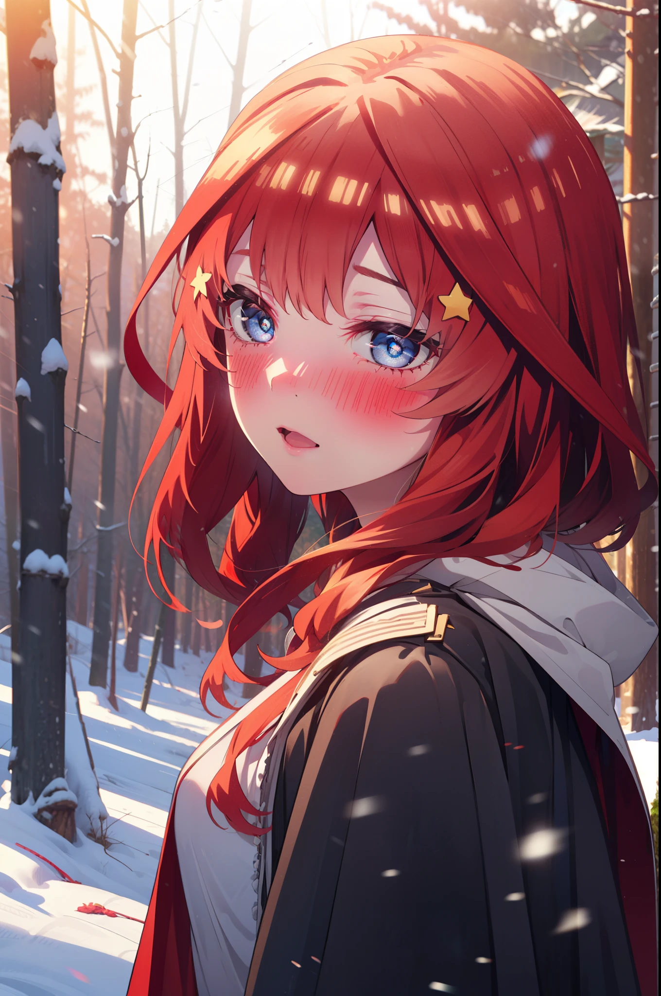 itsukinakano, Itsuki Nakano, bangs, blue eyes, Hair between the eyes, Ahoge, Redhead, star \(symbol\), hair ornaments, star hair ornaments,smile,blush,White Breath,
Open your mouth,snow, fire, Outdoor,Long skirt, boots, snowing, From the side, wood, suitcase, Cape, Blurred, Increase your meals, forest, White handbag, nature,  Squat, Mouth closed, フードed Cape, winter, Written boundary depth, Black shoes, red Cape break looking at viewer, Upper Body, whole body, break Outdoor, forest, nature, break (masterpiece:1.2), highest quality, High resolution, unity 8k wallpaper, (shape:0.8), (Beautiful and beautiful eyes:1.6), Highly detailed face, Perfect lighting, Highly detailed CG, (Perfect hands, Perfect Anatomy),
