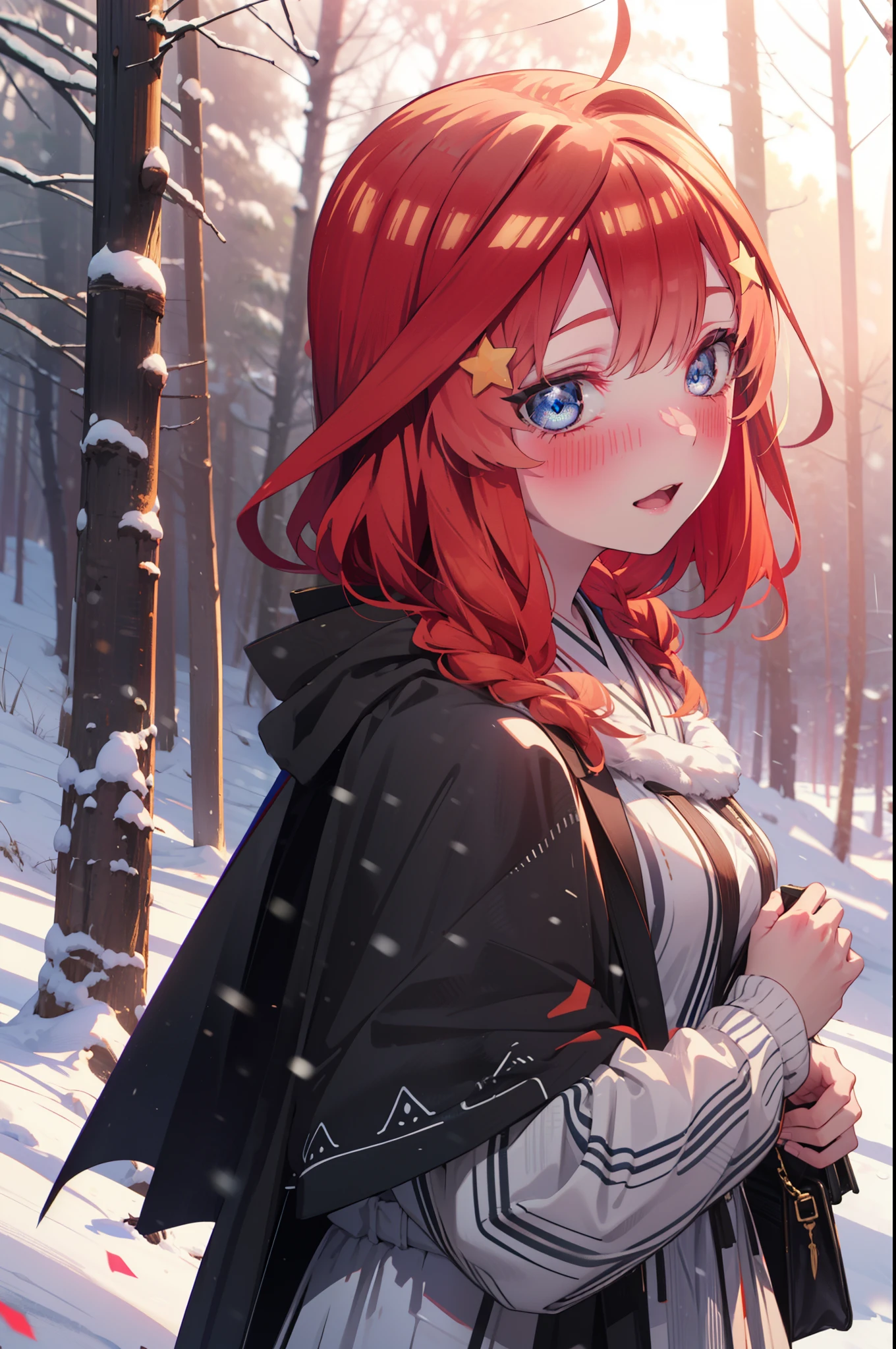 itsukinakano, Itsuki Nakano, bangs, blue eyes, Hair between the eyes, Ahoge, Redhead, star \(symbol\), hair ornaments, star hair ornaments,smile,blush,White Breath,
Open your mouth,snow, fire, Outdoor,Long skirt, boots, snowing, From the side, wood, suitcase, Cape, Blurred, Increase your meals, forest, White handbag, nature,  Squat, Mouth closed, フードed Cape, winter, Written boundary depth, Black shoes, red Cape break looking at viewer, Upper Body, whole body, break Outdoor, forest, nature, break (masterpiece:1.2), highest quality, High resolution, unity 8k wallpaper, (shape:0.8), (Beautiful and beautiful eyes:1.6), Highly detailed face, Perfect lighting, Highly detailed CG, (Perfect hands, Perfect Anatomy),