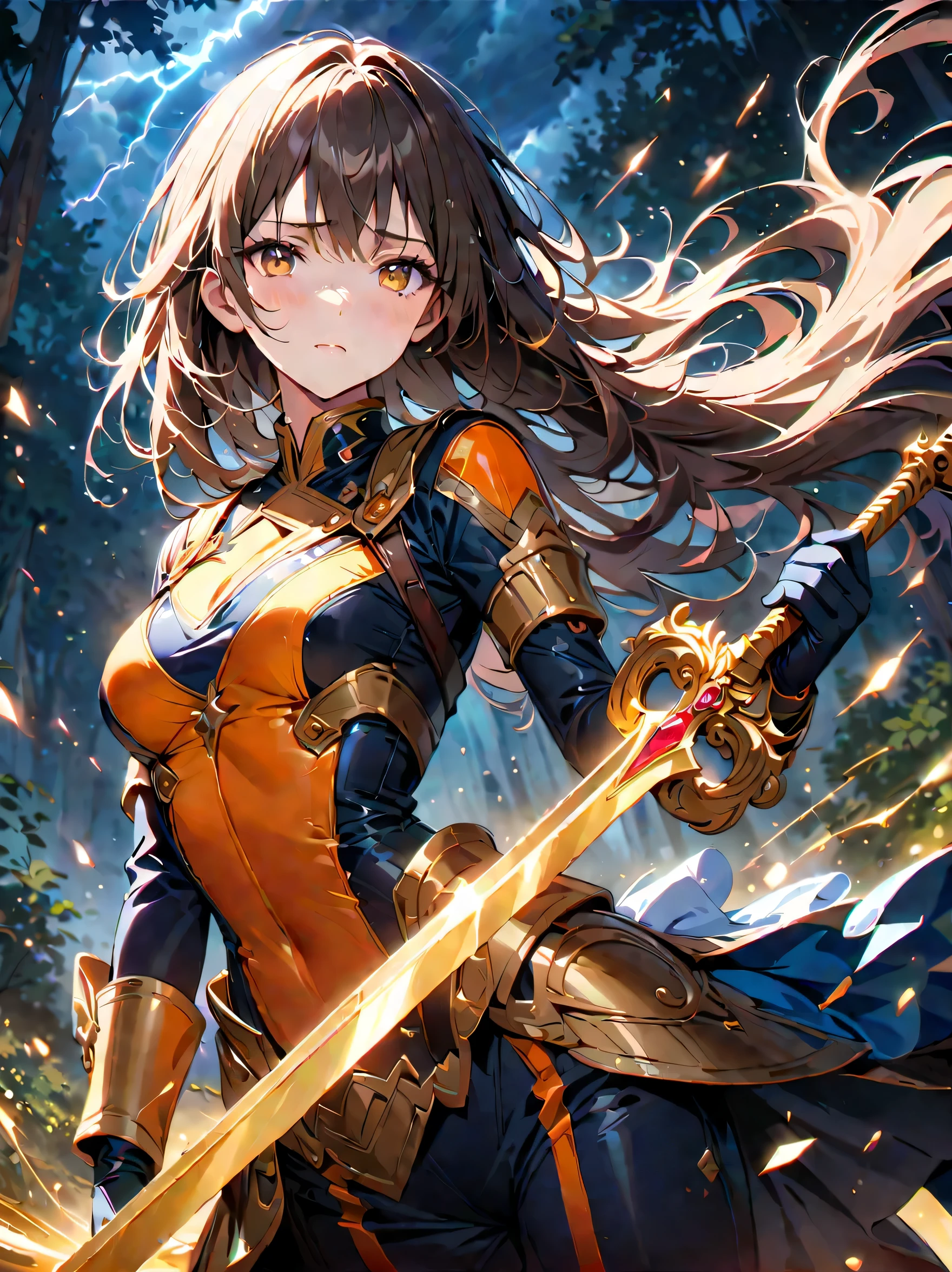 Fantasy, forest landscape photo, Swedish beauty, skin moist and shiny, (18-year-old female swordsman in a glittering battle uniform, with glittering golden decorations and a long sword that shines), (path, night, thunderstorm, terrible) cloudy, rainwater: 1.2), (details: 1.2), light, sad, brown eyes, symmetrical features, delicate hands, exquisite fingers, glittering battle uniforms, (masterpiece: 1.2), (magnificent Composition: 1.4), (Talent: 1.2), Super detailed, Very detailed, Crazy details, (Real photo: 1.2), High resolution, 8k, Exquisite, Sharp, Grace, Dreamy bright colors, high quality,