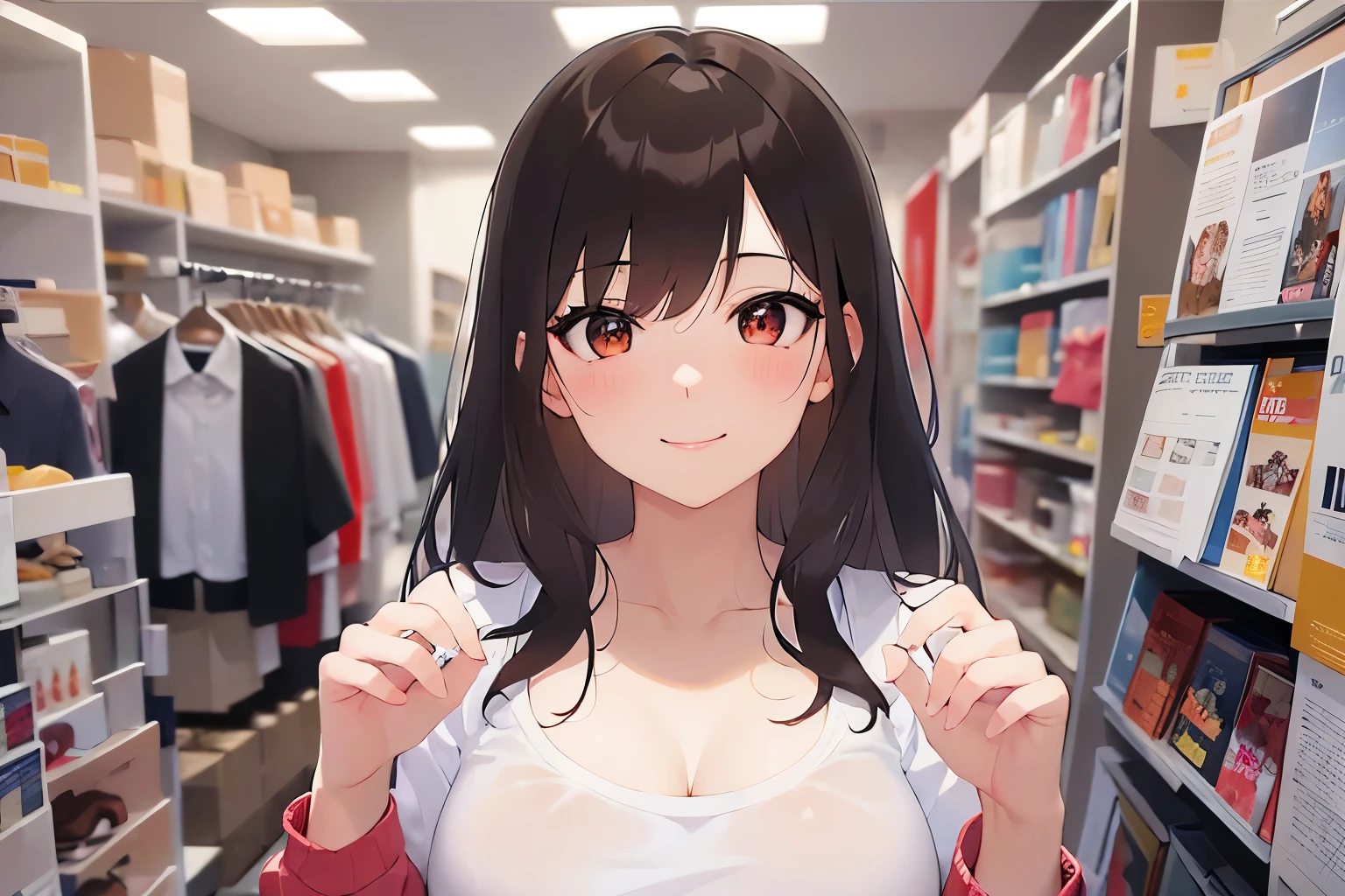 raising hand、Biologically correct five fingers、Upper Body, Realistic, real person, (pale skin: 1.2), RAW photo, photorealistic, portrait photography, shiny skin, shiny hair、(25 year old woman with medium hair with bangs) and (wavy hair) and (brown hair) and (orange eyes) ,(white T shirt) and (long sleeve) and (Cleavage), (smile, blush:1.5), clothes shop、Alone、Are standing