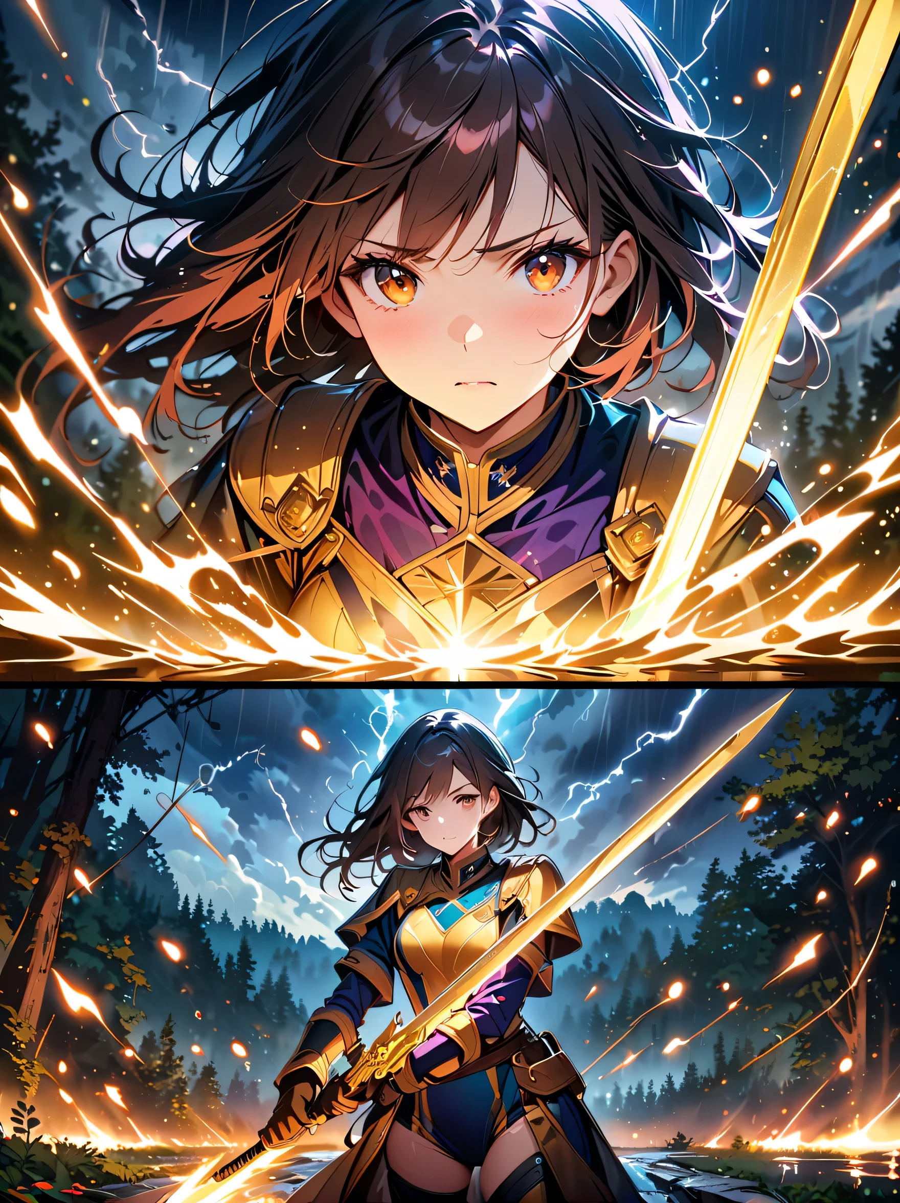 Fantasy, forest landscape photo, Swedish beauty, skin moist and shiny, (18-year-old female swordsman in a glittering battle uniform, with glittering golden decorations and a long sword that shines), (path, night, thunderstorm, terrible) cloudy, rainwater: 1.2), (details: 1.2), light, sad, brown eyes, symmetrical features, delicate hands, exquisite fingers, glittering battle uniforms, (masterpiece: 1.2), (magnificent Composition: 1.4), (Talent: 1.2), Super detailed, Very detailed, Crazy details, (Real photo: 1.2), High resolution, 8k, Exquisite, Sharp, Grace, Dreamy bright colors, high quality,